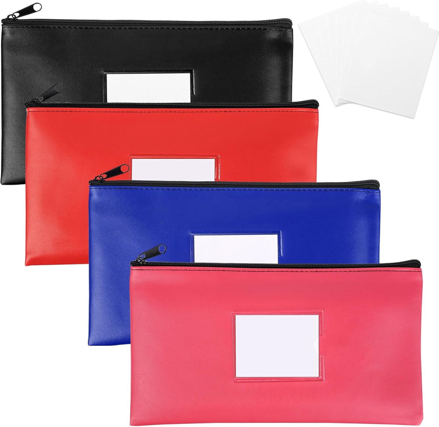 4 Pcs Bank Money Bags with ZipperMoney Pouch, Cash Bags for Banking, Leatherette Money Wallet Envelopes with Framed ID Window for Business Office Coins Bills Cash Cosmetics + 8 Blank Cards(11x6")