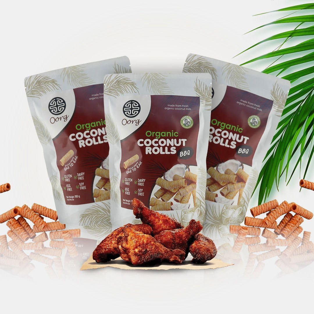 'OORG Organic Coconut Rolls, 100g x 6 Packs, Made in Sri Lanka | Vegan, Gluten-Free, Non-GMO, Vegetarian, Dairy Free Vanilla, BBQ, Chocolate, Ginger & Cinnamon, Original, Sour Cream & Onion (BBQ)