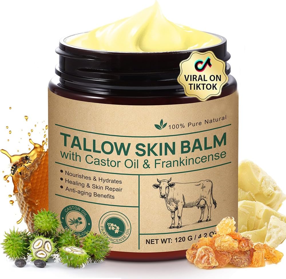 Tallow Castor Frankincense Oil Cream, Beef Tallow for Skin Care with Castor, Frankincense Oil Balm, Moisturizer Cream for Face & Body for Sensitive and Dry Skin, Eczema All-Purpose Balm - 120g