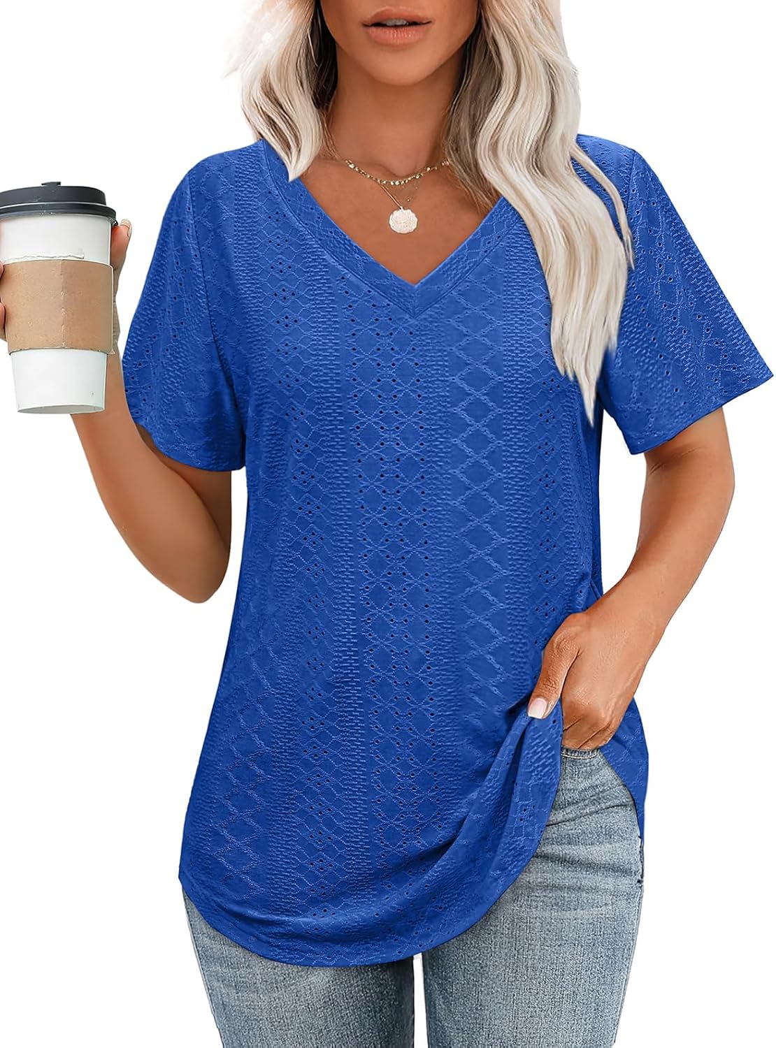 OFEEFAN Womens T Shirts V Neck Short Sleeve Casual Tops Loose Fit Basic Tees with Curved Hem