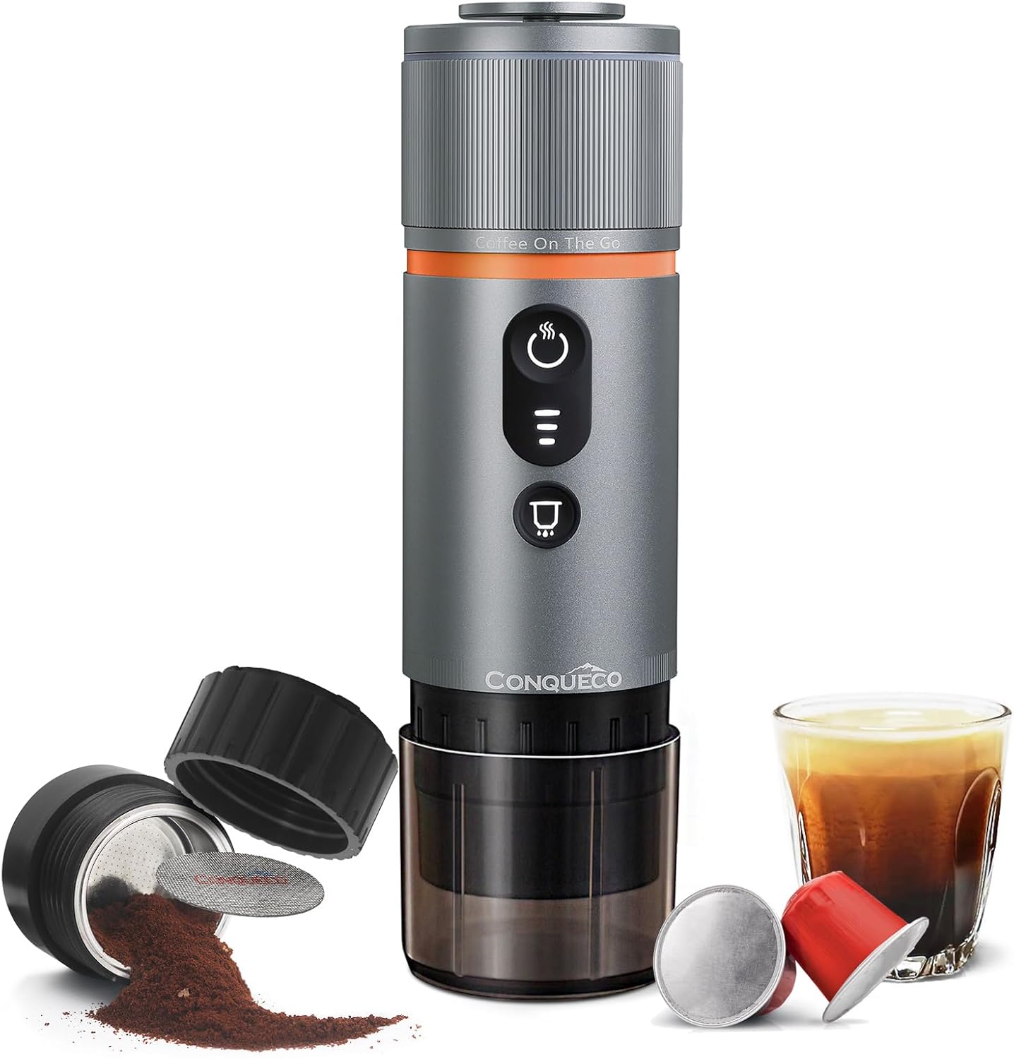 CONQUECO Portable Espresso Machine Travel: 12V Electric Coffee Maker with Battery for Camping - 2.5 Mins Self Heating - With Ground Coffee & NS Capsule for RV, Hiking, Office