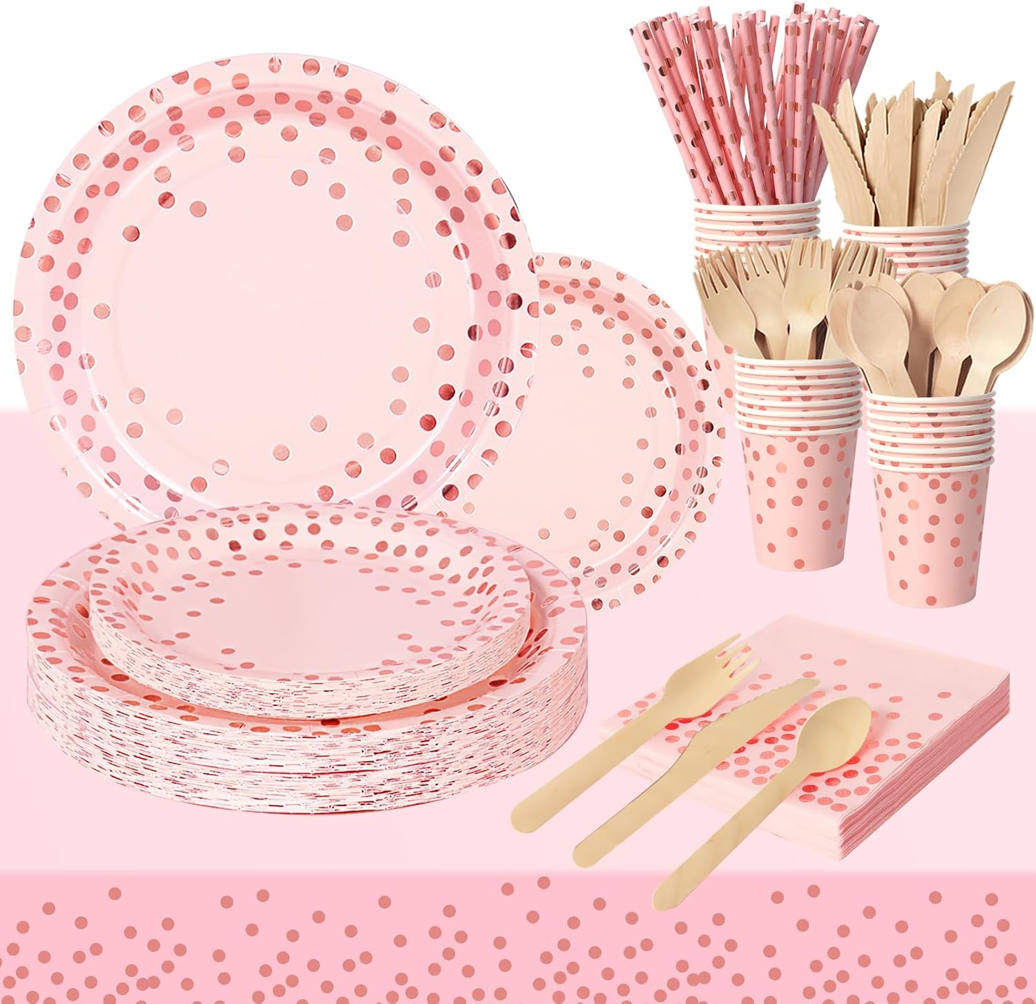 Nkaiso 193 Pcs Pink Rose Gold Paper Plates and Napkins Set for 24 Guests