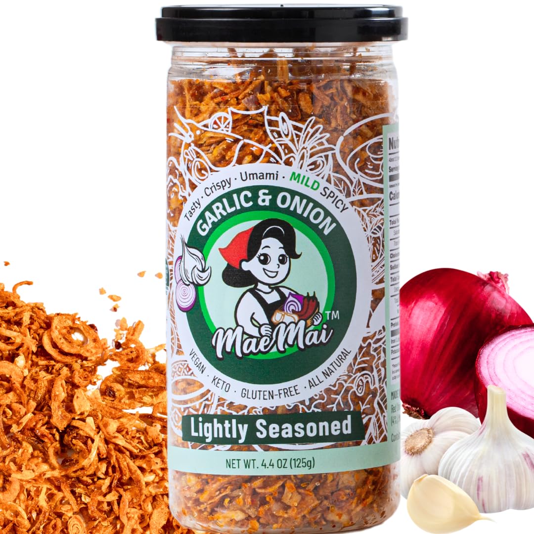 MaeMai MILD Spice - Crispy Onions & Garlic Flakes - Keto, Healthy Seasoning, Salad Toppings, Fried Garlic - Ramen, Rice Seasoning, Vegan, Gluten-free | 4.40 Ounce Resealable Bottle