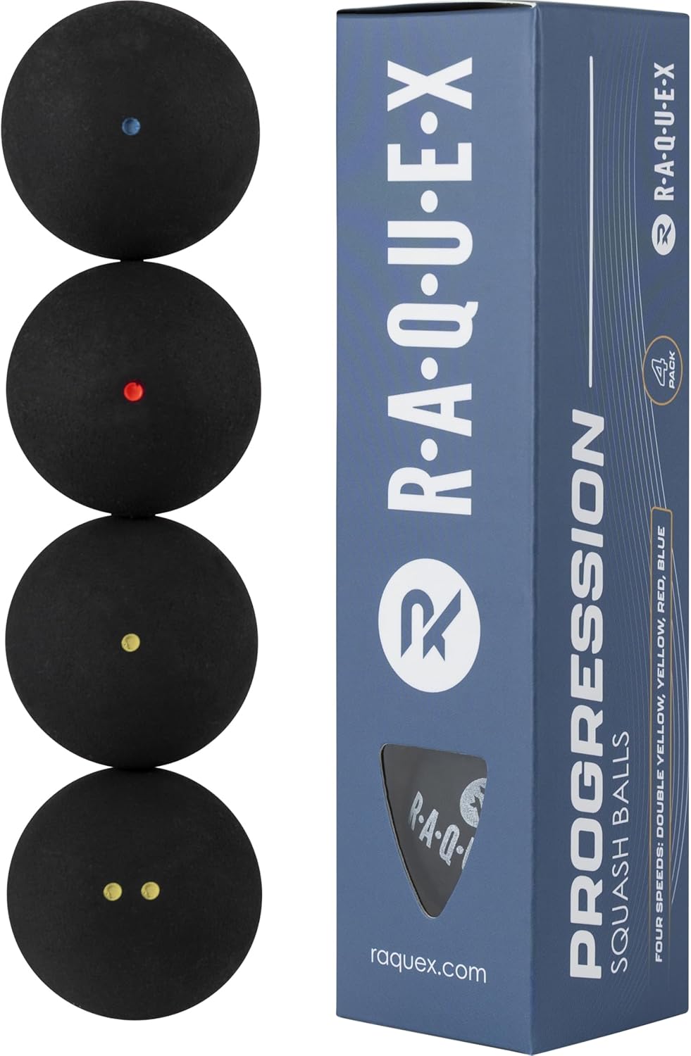 Progression Squash Balls (Mixed Box of 4 Balls) – 4 x Speeds Per Box: Competition Double Yellow Dot, Yellow Dot, Red Dot, Blue Dot. WSF Approved Squash Ball