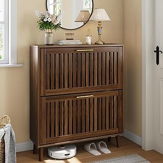 Shoe Cabinet with 2 Flip Louvered Drawers, Wooden Shoe Storage Cabinet with Gold Handle, Mid-Century Modern Freestanding Shoe Organizer Cabinet for Entryway, Hallway, Walnut, 31.5" W
