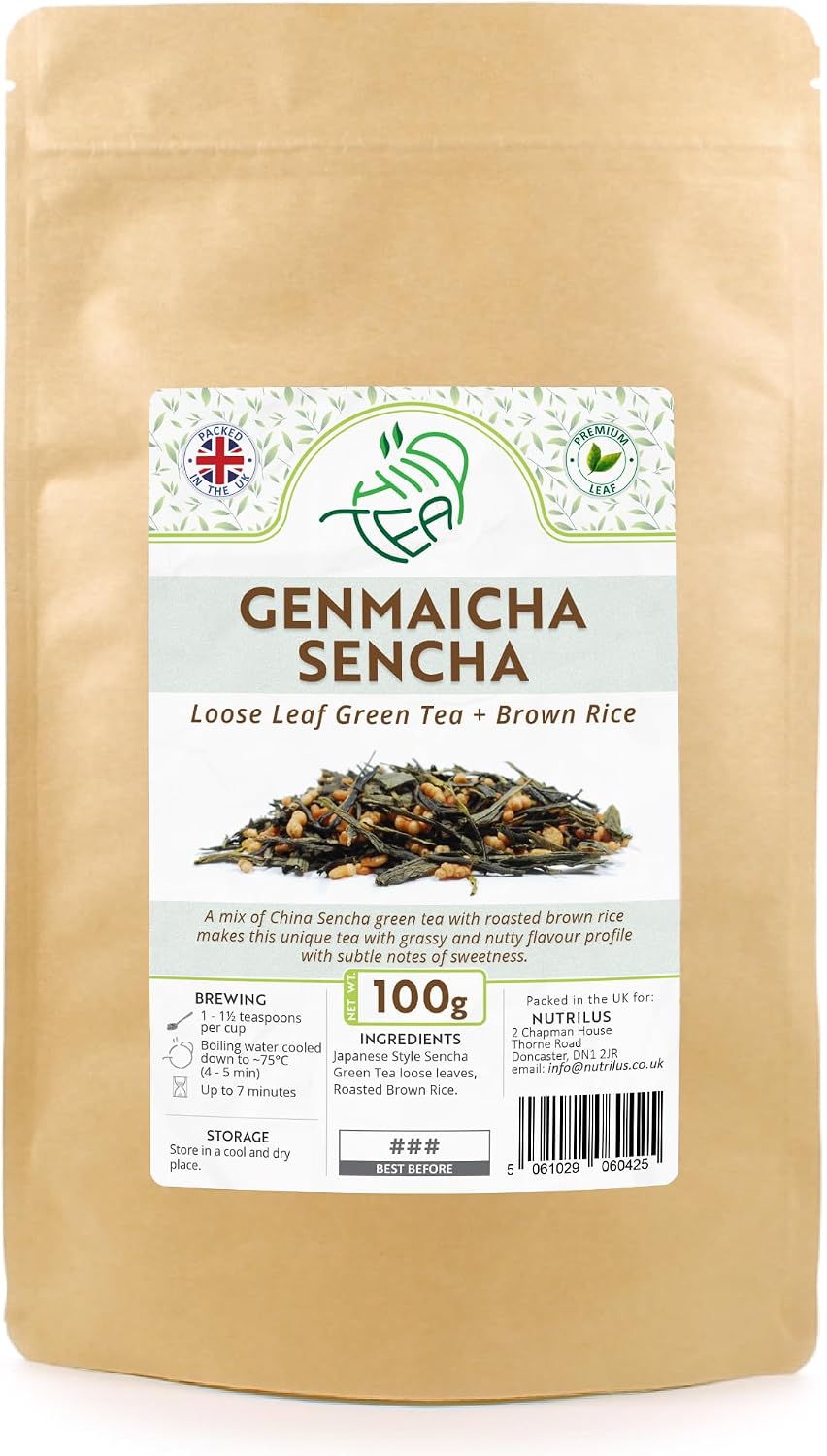 Genmaicha Sencha Loose Leaf Green Tea With Roasted Brown Rice (100g) | Premium Leaves From China – Grassy & Nutty – Resealable Pouch