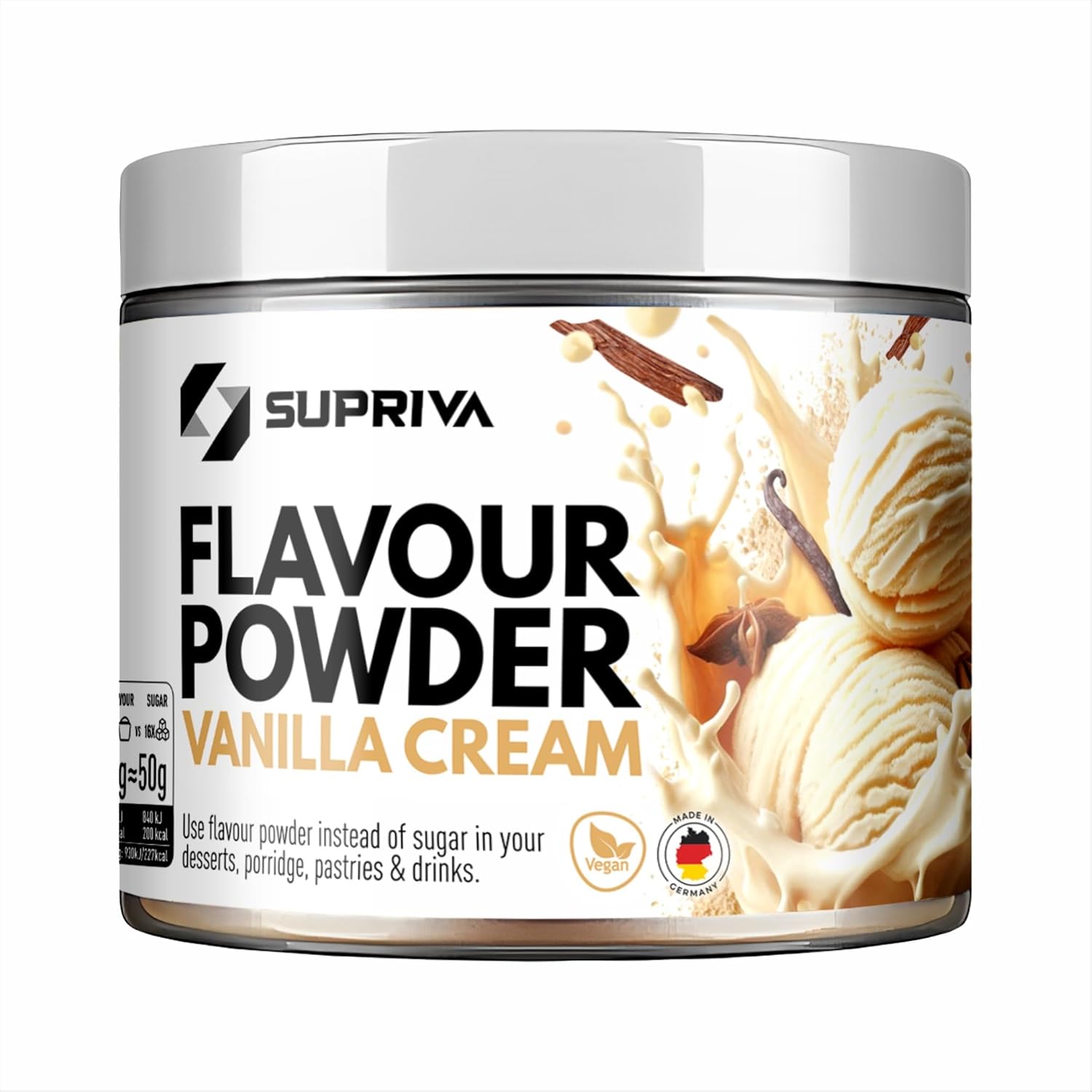 SUPRIVA Flavour Powder – Vanilla Cream, Only 3 kcal/Serving, Sugar-Free Sweetener, High in Fibre, Delicious Flavour, Craving Control, Supports Weight Management, For Food, Drinks & Baking, 66 Servings