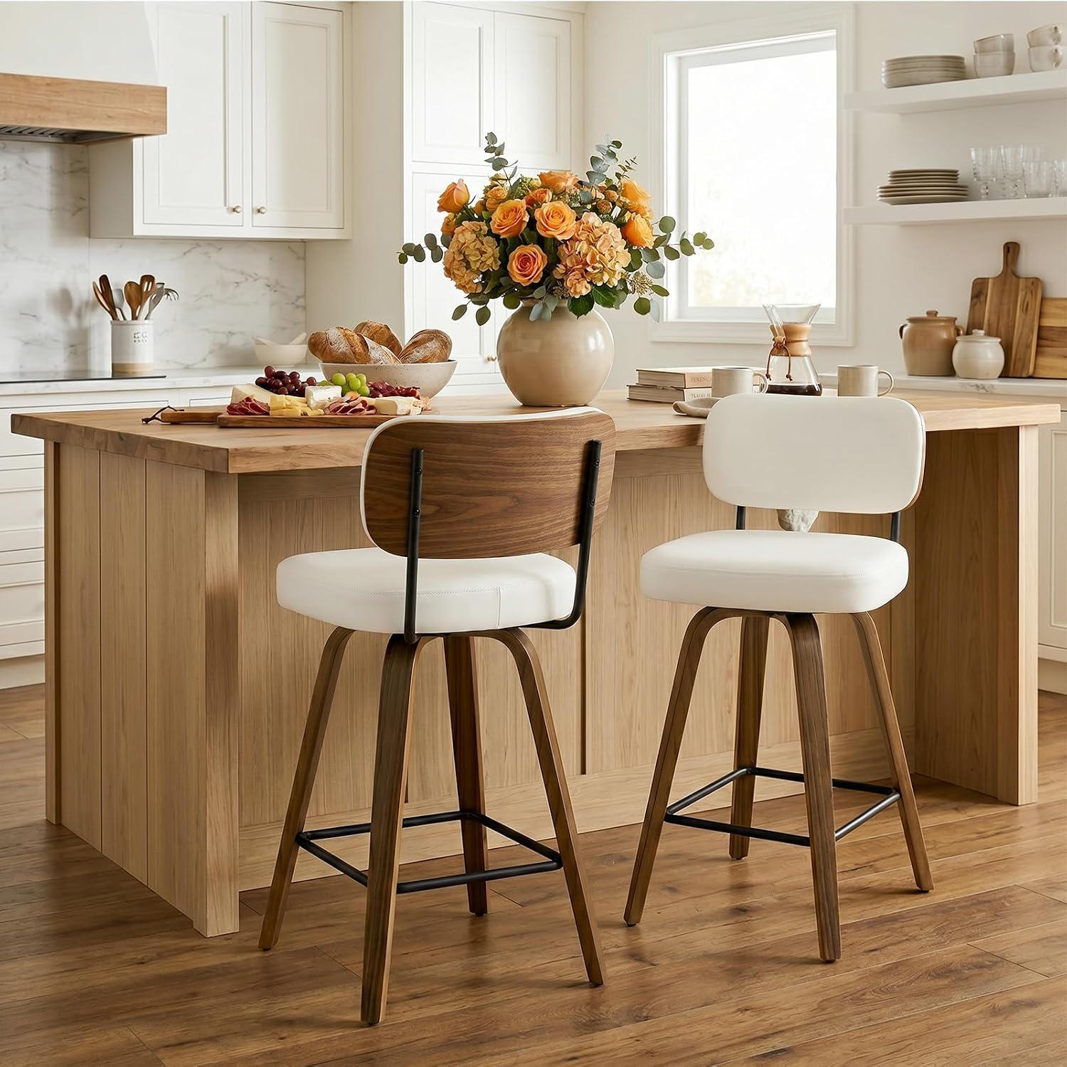 Bekrvio Swivel Counter Height Bar Stools Set of 2, 65CM Upholstered Faux Leather Barstools with Back and Bent Wood Legs, Mid Century Modern Bar Chair Island Stool for Kitchen Counter, Cream White