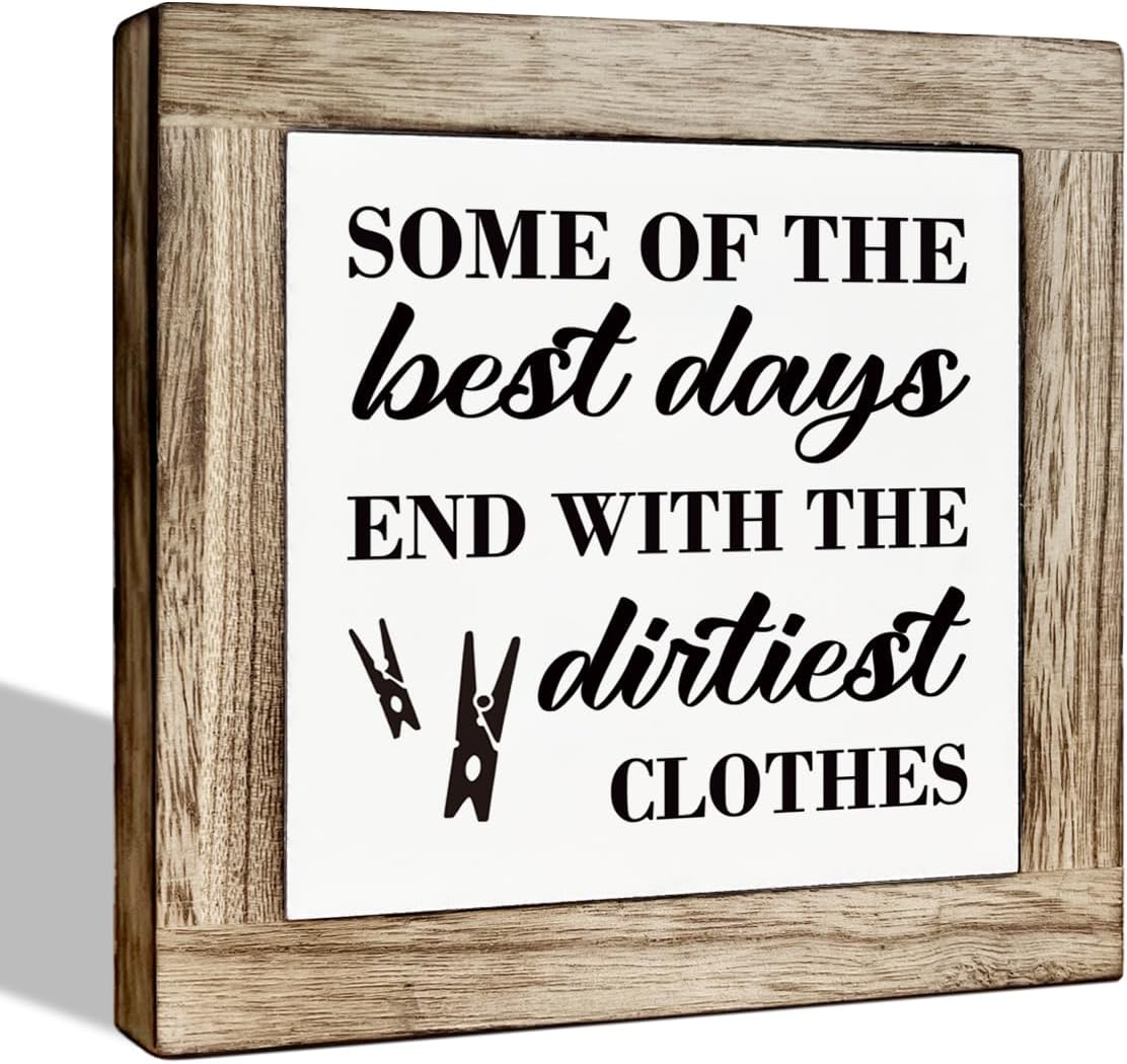 Farmhouse Laundry Decor, 'Some of the Best Days End with the Dirtiest Clothes' Wooden Box Sign Plaque, Rustic Words & Quotes Decorative Sign, 5.9x5.9 Inch, Brown, Tabletop, 1 Count
