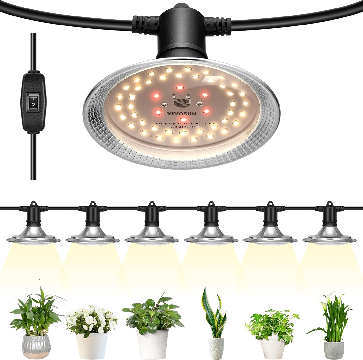 VIVOSUN Outdoor LED Grow Lights, Waterproof String Grow Light, Full Spectrum Plant Growing Lights with 22Ft Adjustable Cord for Seedling, Veg, Flower in Greenhouse, Garden, Backyard, Farm (6-Light)