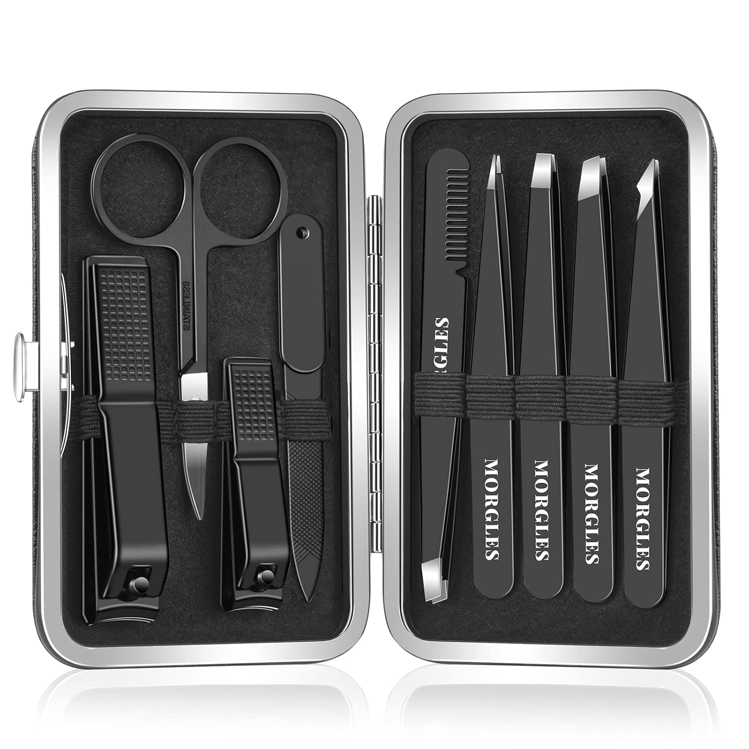 MORGLES Tweezers Set and Nail Clippers, 9 Pcs Stainless Steel Tweezers Kit for Men Professional Manicure Set for Men Grooming Kit with Leather Travel Case