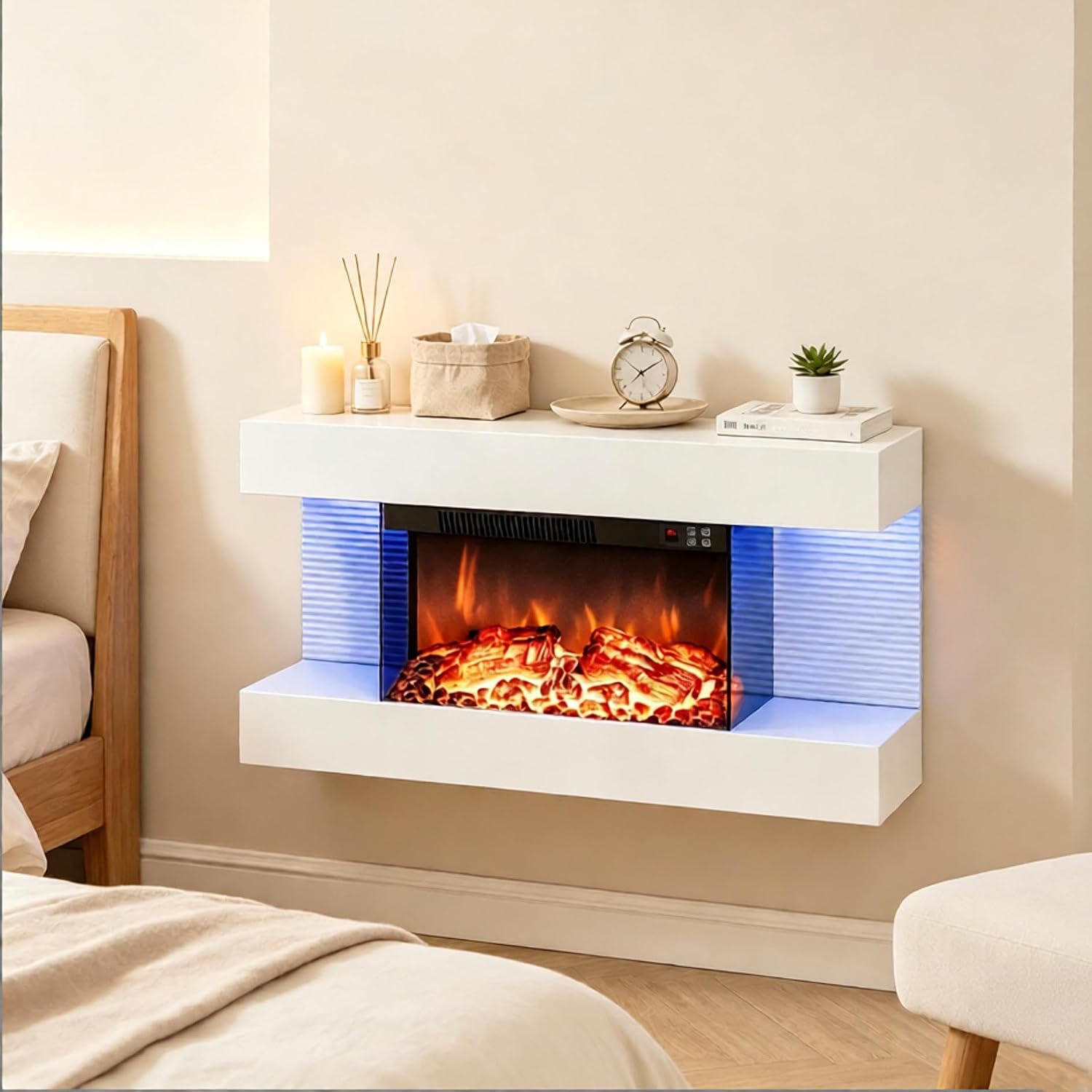 ORALNER 3 Sided Wall Mount Electric Fireplace w/ 32" Floating Mantel,White