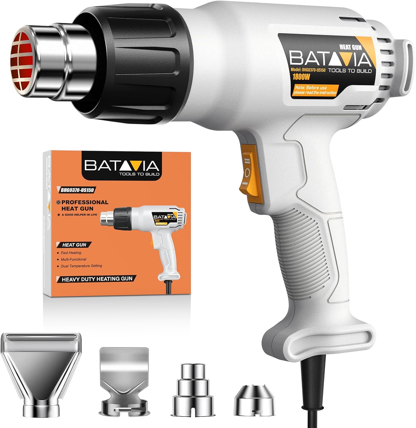 Heat Gun - BATAVIA Dual Protection Fuses 1800W Heavy Duty Fast Heat Hot Air Gun with 752℉&1112℉ Dual-Temperature Settings and 4 Nozzles with Overheat Protection for Crafts, Vinyl Wrap, Shrink Tubing