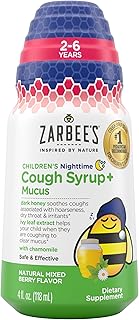 Zarbee's Kids Cough + Mucus Nighttime for Children 2-6 with Dark Honey, Ivy Leaf, Zinc & Elderberry, 1 Pediatrician Recommended, Drug & Alcohol-Free, Mixed Berry Flavor, 4FL Oz