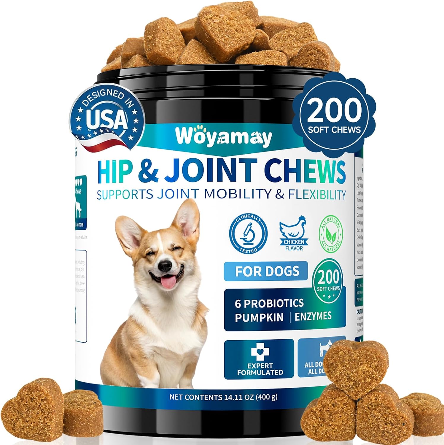 Woyamay Hip and Joint Supplement for Dog, 200 Soft Chews with Glucosamine, Chondroitin Sulfate and MSM, Supplements for Senior Dog Puppies, Joints Care - Chicken Flavor