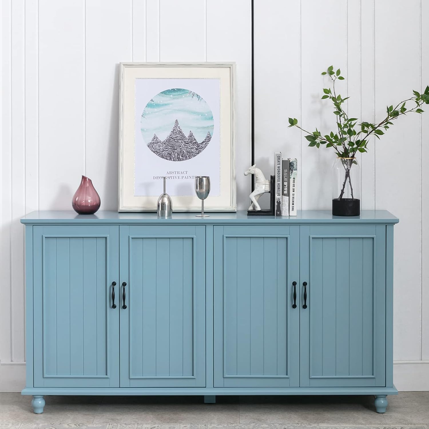 Scurrty Buffet & Bar Cabinet with Storage, 62'' Coffee Bar Cabinet, Sideboard Storage Cabinet for Dinning Room, Kitchen & Living Room (4 Doors, Blue)
