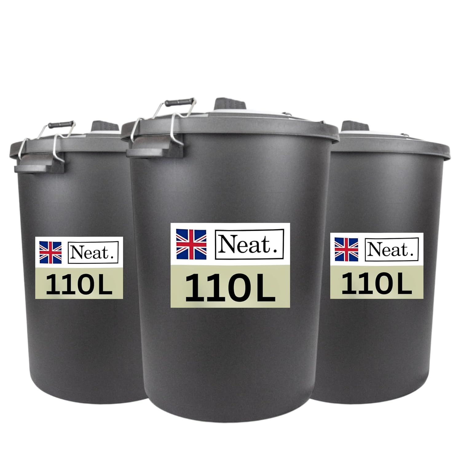 Dustbin 110 L, Large Dustbin for Garden with Heavy-Duty Weather Resistant and Food Grade Material, Trash Can Garbage Bin With 2 Clip Locking Lid for Indoor & Outdoor Waste, Pack of 3