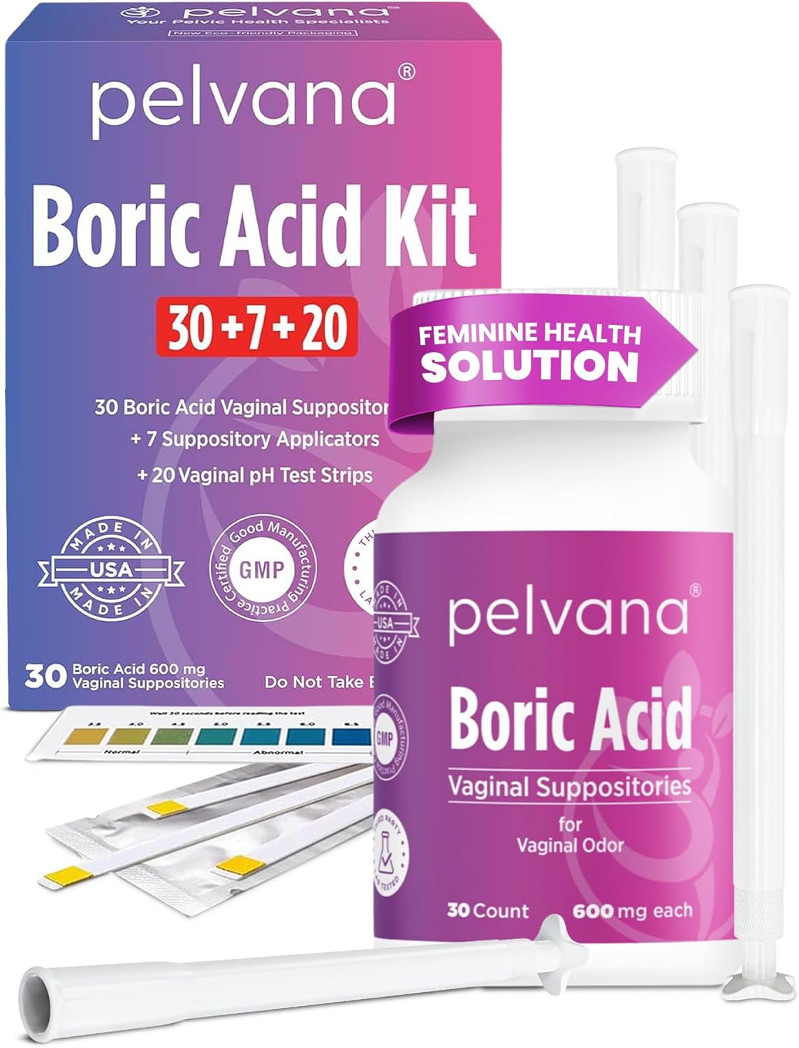 Pelvana Boric Acid Suppositories for Women 30 + 7 Applicators + 20 pH Test Strips, Total of 57 Piece Kit for Vaginal Odor - Third-Party Lab Verified & Bottled in The USA—Feminine Health Odor Solution