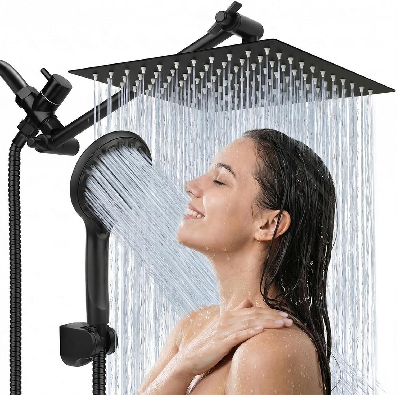 Shower Head, 8'' High Pressure Rainfall/Handheld Shower Combo, Matte Black