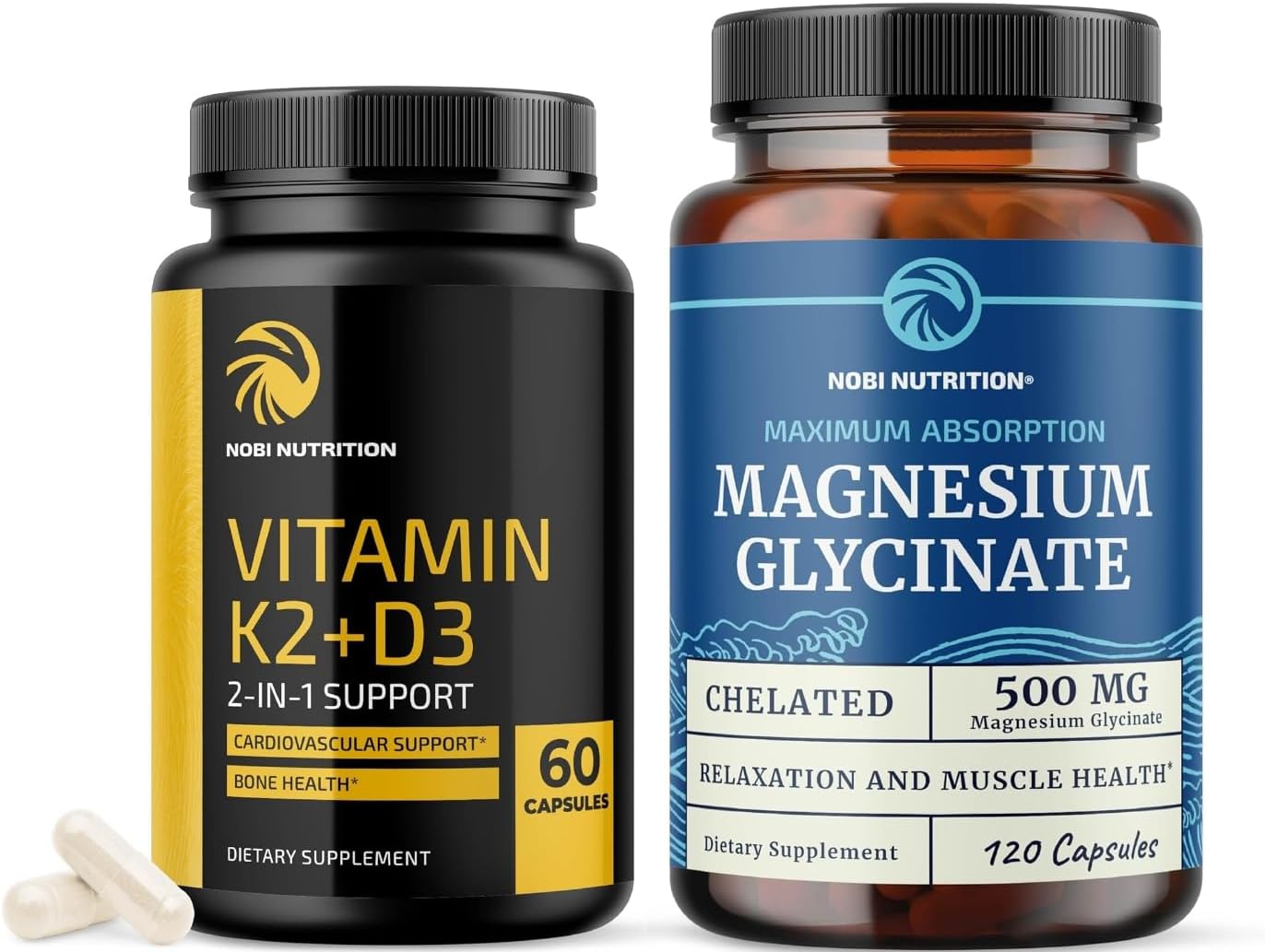 Vitamin D3 K2 and Magnesium Glycinate Supplement | Bone, Heart, and Muscle Support with 5000 IU D3, K2 MK7, and 500mg Magnesium | High Absorption, Immune & Nerve Support | 60 Servings Each