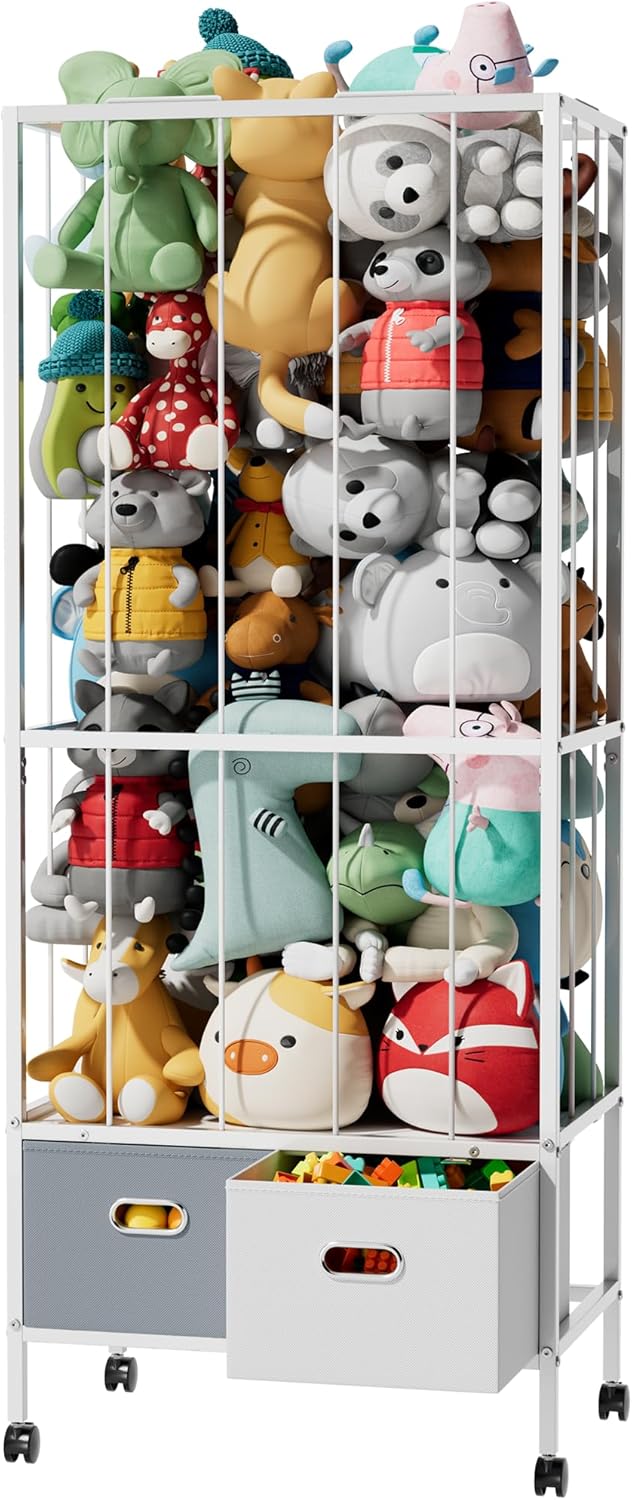 Yornoli Soft Plush Toy Storage Organiser with Drawers and Wheels, Thicken Metal Tube Stuffed Animal Storage for Teddy Bear, Cuddly Toy, Toy Shelf for Baby Nursery, Bedroom, Playroom