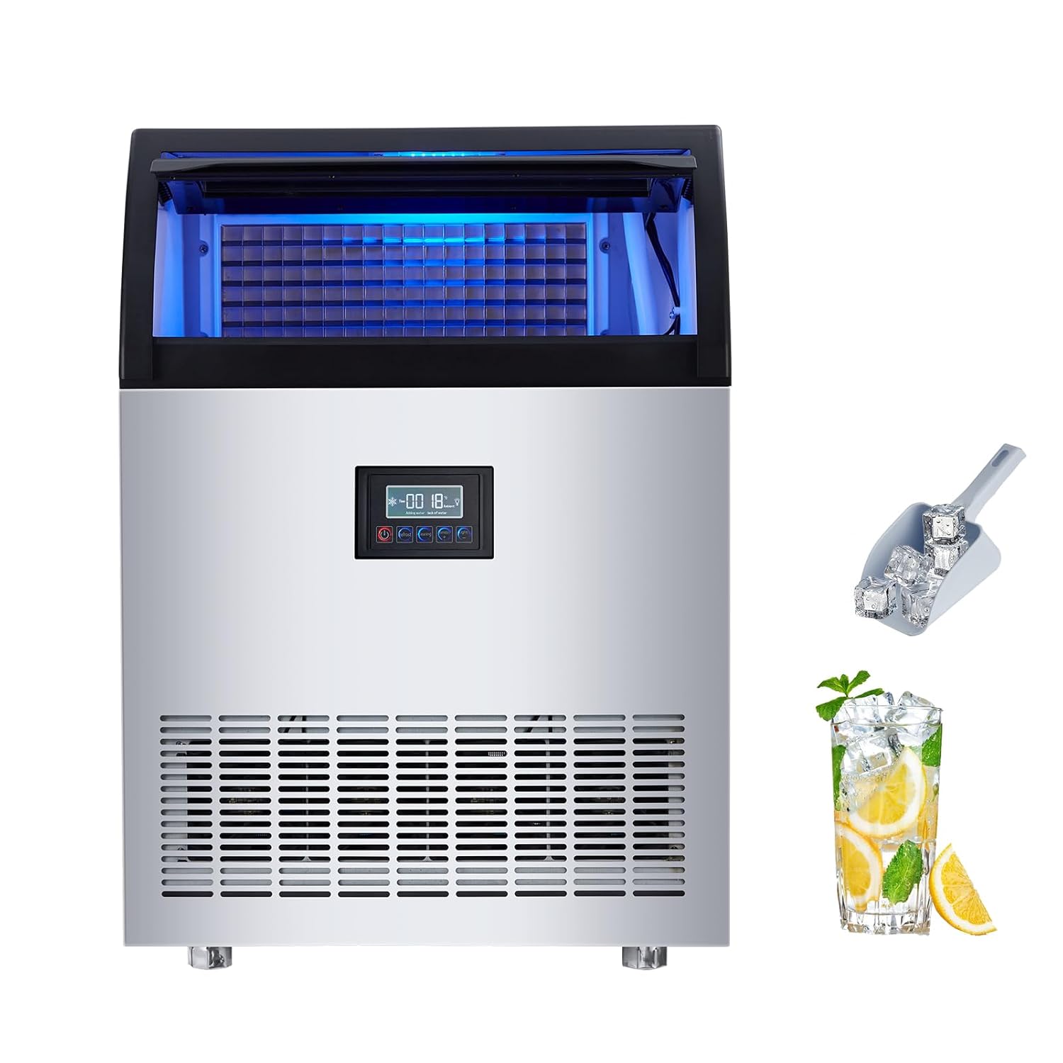 Commercial Ice Maker 265lbs/24h with 55LBS Storage Bin, LED Digital Display,Stainless Steel Freestanding Ice Maker Under Counter with Ice Scoop, Ice Bucket for Home Bar Office Party