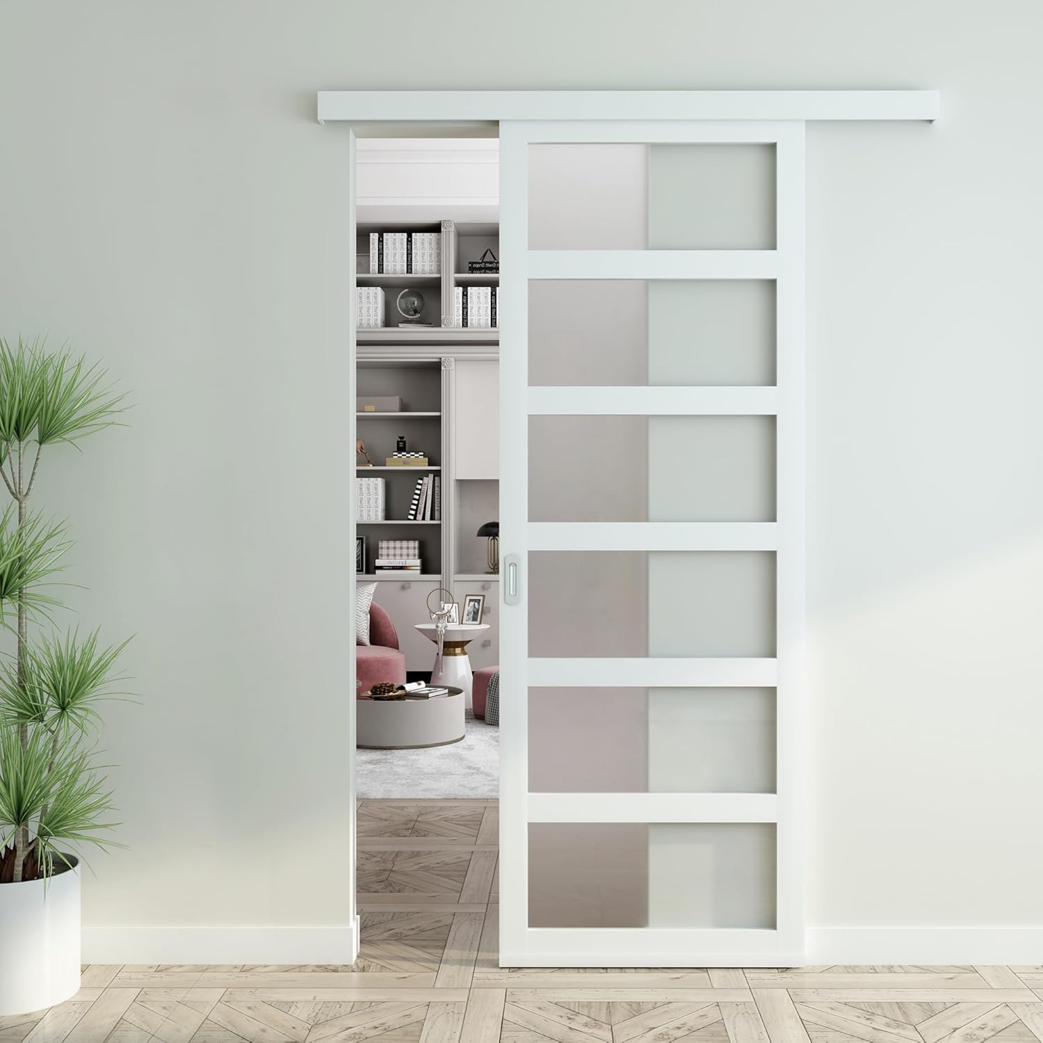 JUBEST 48"x84" White PVC Sliding Barn Door with Hardware Kit and Pull, Translucent Lightweight Plastic Barn Door, Water-Proof Acrylic Pane Door, Renter Friendly Barn Door, Easy Assembly