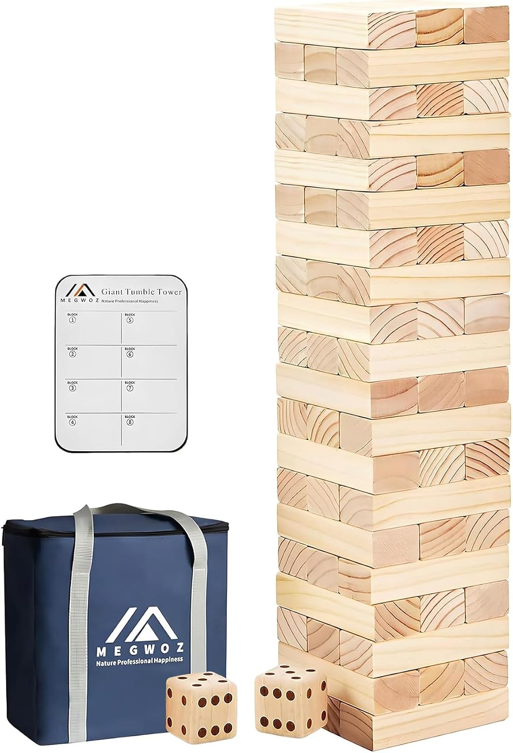 Megwoz Giant Tumble Tower Family Games for Kids and Adults 60 Blocks New Zealand Pine Wooden Blocks Stacking Up to 5 FT for Indoors Outdoors Yard Games for Family