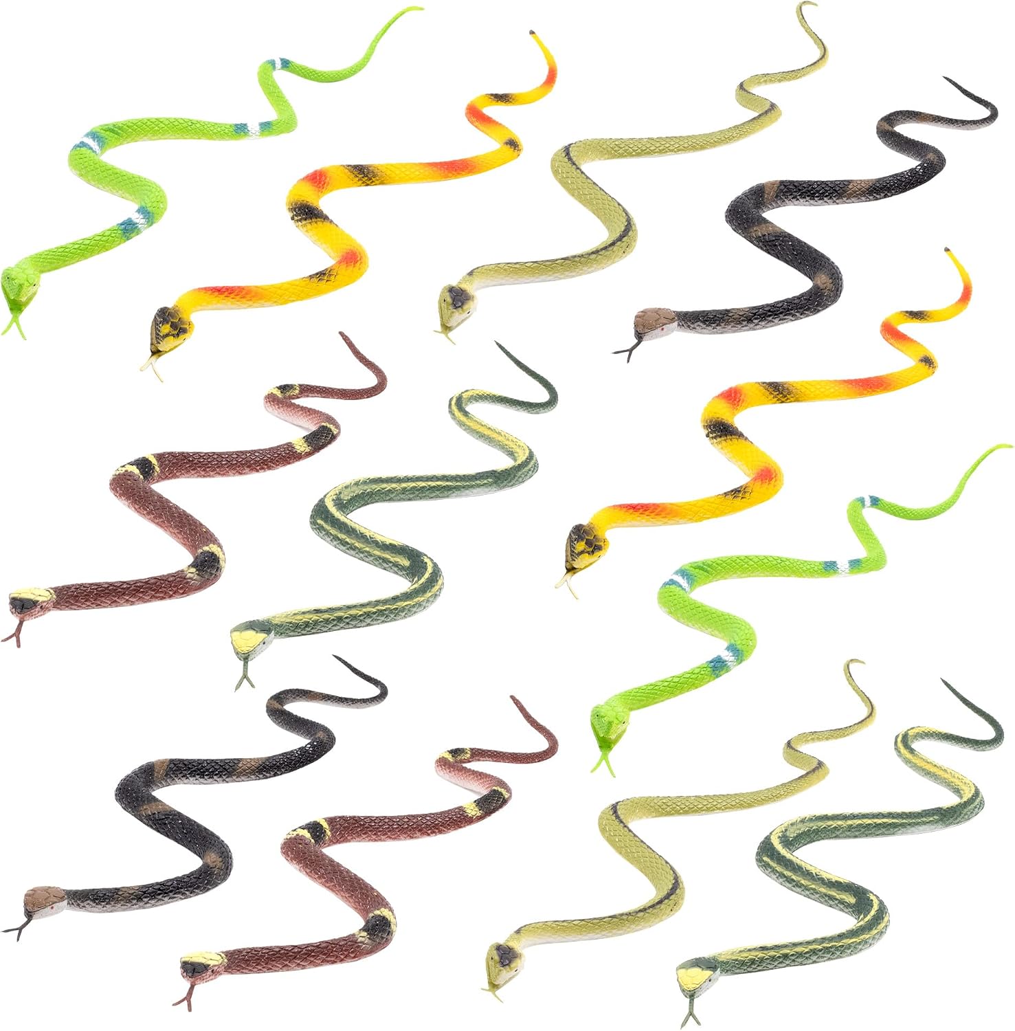 Fun Central 12-Pack Realistic Snakes – 14” Multicolor Snake Toys for Outdoor Decor, Pranks, and Bird, Rabbit, Squirrel Deterrent