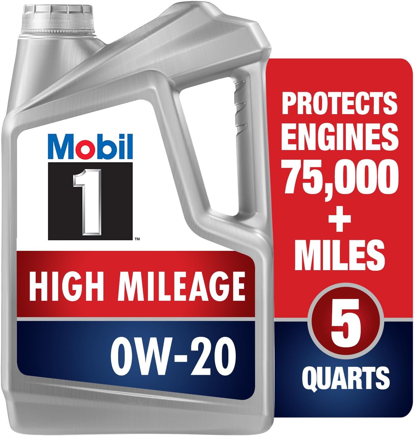 Mobil 1 High Mileage Full Synthetic Motor Oil 0W-20, 5 Quart, Gray