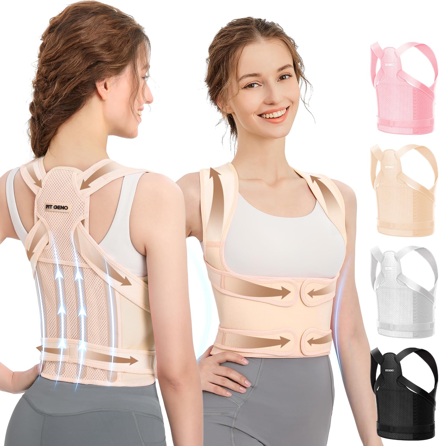 Fit Geno Back Brace Posture Corrector for Men & Women: Shoulder Straightener Adjustable Full Back Support Pain Relief - Scoliosis Hunchback Spine Corrector (Medium/Large)