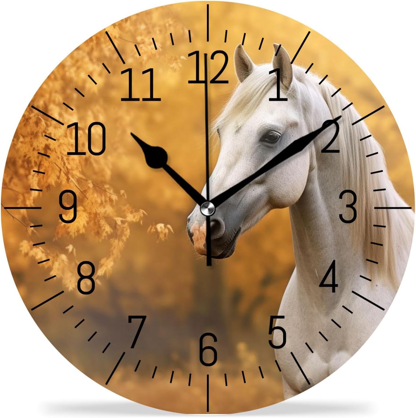 14 Inch Wall Clock Battery Operated Silent Clocks Wall Decor for Office, Kitchen, Living Room，A Horse on Autumn Background Lovely