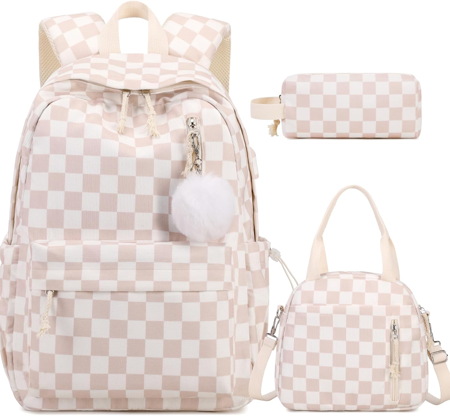 Backpack for Girls - Corduroy Girls Backpack with Lunch Bag & Pencil Pouch for Teen Kids Laptop Backpack for Women, Middle High School Bookbag Travel Daypack (Beige Chessboard)