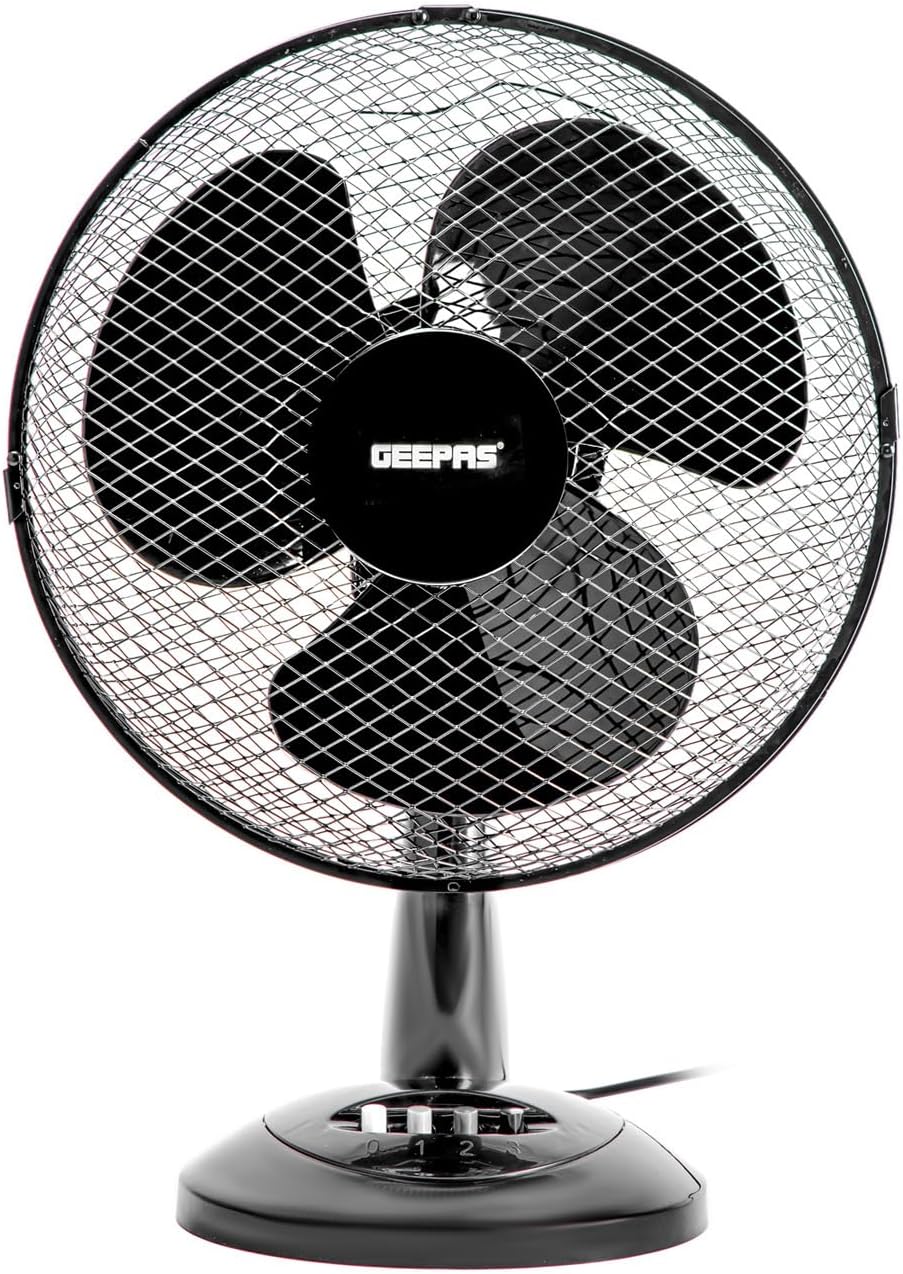 GEEPAS 12" Table Fan | Electric Portable Worktop Desk Fan with 3 Speeds 3 Blades, Adjustable Tilt Wide Angled Oscillation | Powerful Cooling Airflow for Home Office | 1 Year Warranty, Black 35W