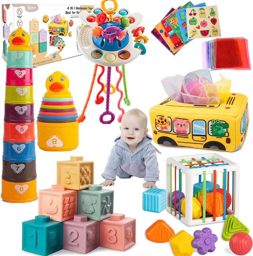 Baby Toys 6 to 12 Months, Montessori Toys for 1 Year Old, Silicone Pull String Teething Toy, Stacking Building Blocks Infant Toddler Toy 0-3, Color Shape Bin Sensory, Baby Boys&Girls Gifts