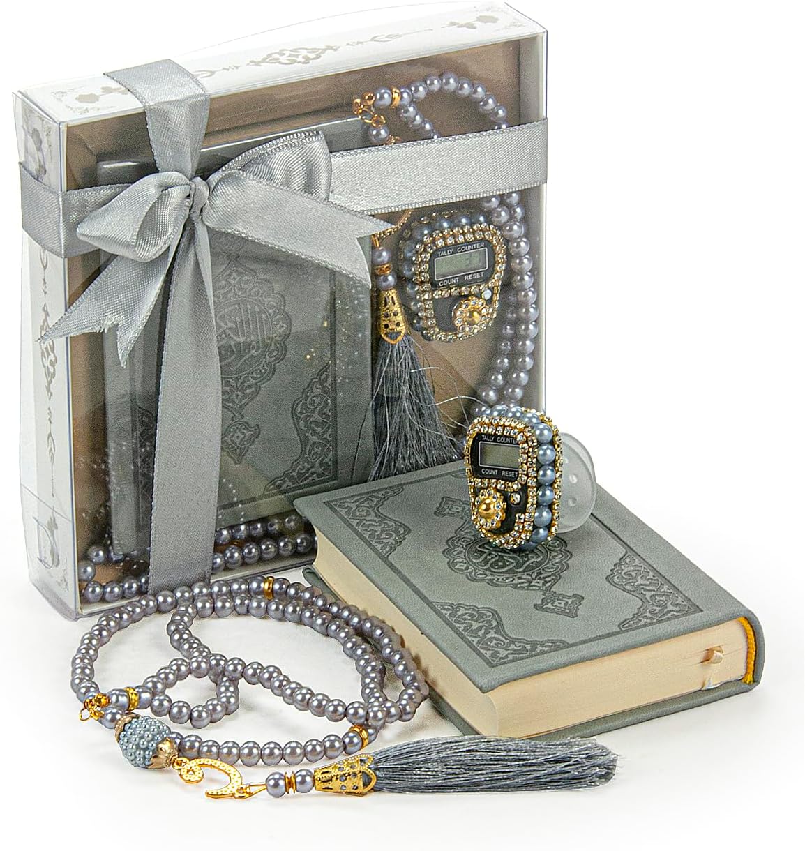 İhvan Online Medina Calligraphy Quran Set with Islamic Finger Counter, Portable Digital Prayer Tasbeeh, Pearl Zikirmatic Beads, 3 Pieces Gift for Ramadan & Eid & Mawlid (Gray)
