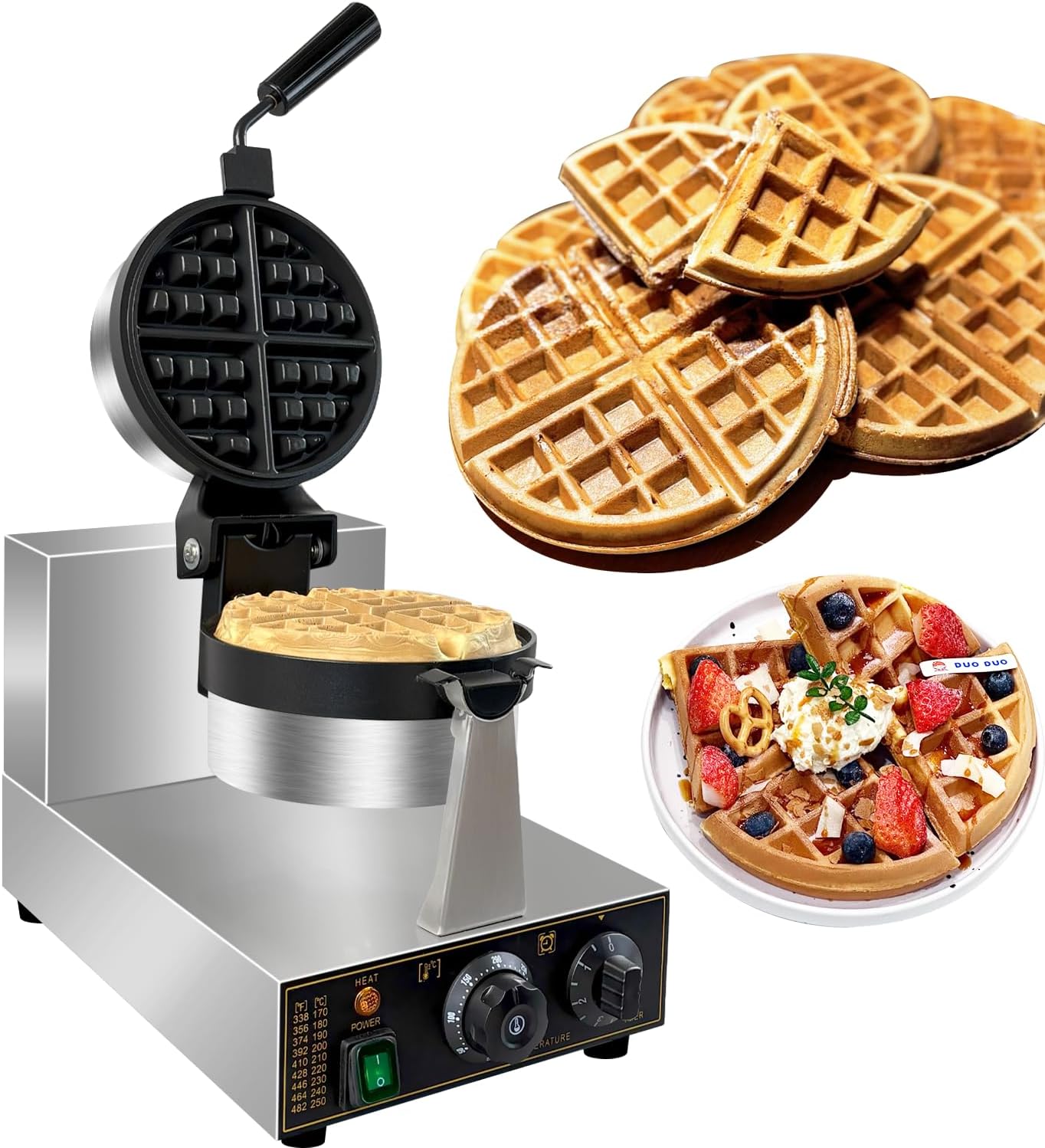 Commercial Waffle Maker, Professional Belgian Waffle Maker Round Waffle Iron Non-Stick 180° rotary Waffle Iron Machine With Temp and Time Control, for Restaurant Bakeries Kitchen Home 110V 1300W