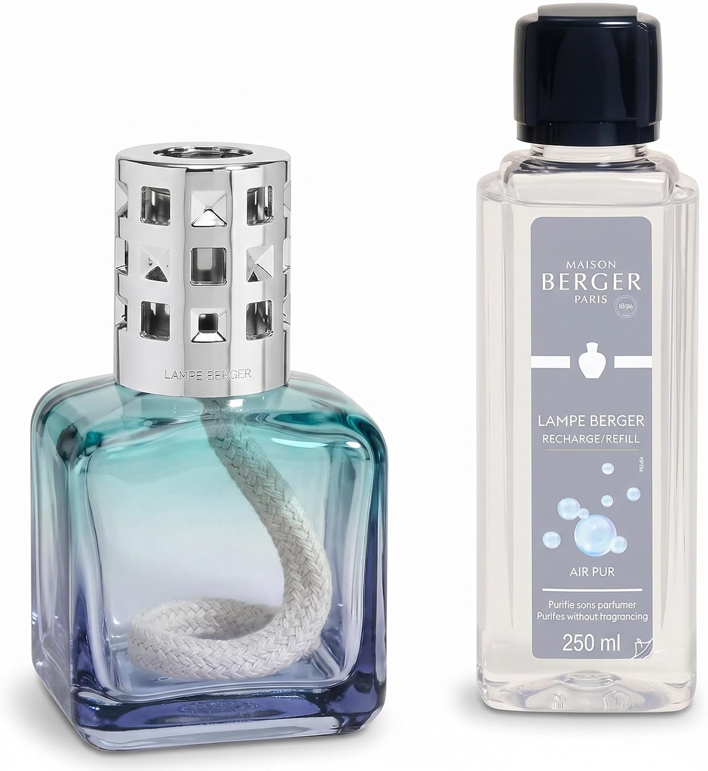 MAISON BERGER Ice Cube Lampe Berger Gift Set, Turquoise-Blue, So Neutral | Lacquered Glass Catalytic Lamp Set, 250 ml So Neutral Air Pur Refill, Helps Neutralize Odors, Made in France