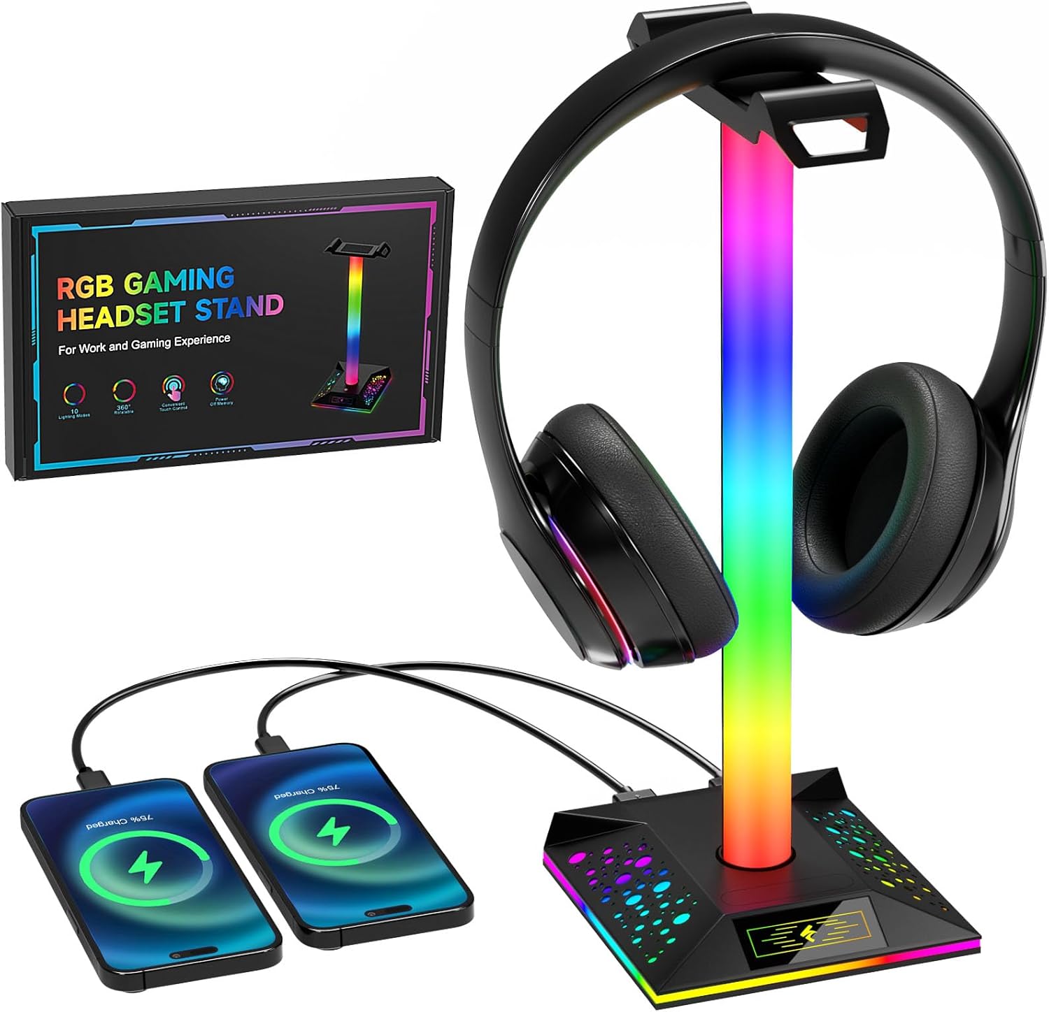 Hcman Headphone Stand Gaming Headset Holder RGB PC Gaming Accessories for Desk, Cool LED Headset Stand with 2 USB Charger for Gamer Fortnite Gifts, Black