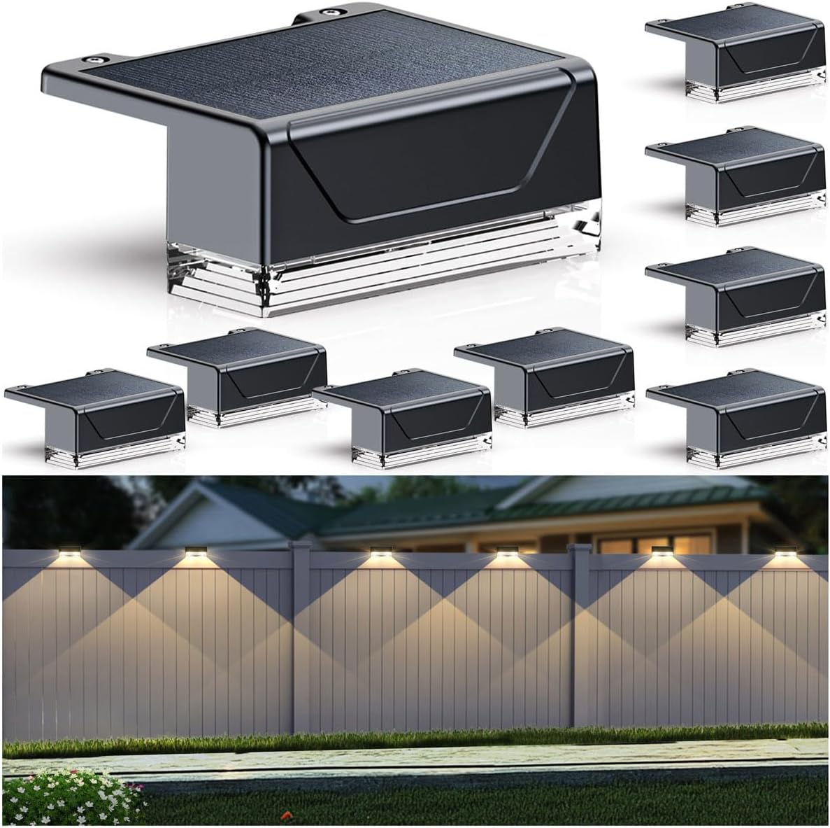 Solar Fence Lights Outdoor - 3000/4000/6000K 3 Mode, IP65 Waterproof Fence Lights Solar Powered, Dusk to Dawn Solar Light for Outside, Backyard/Step/Patio/Deck/Stair Railings and Wall (8 pack)