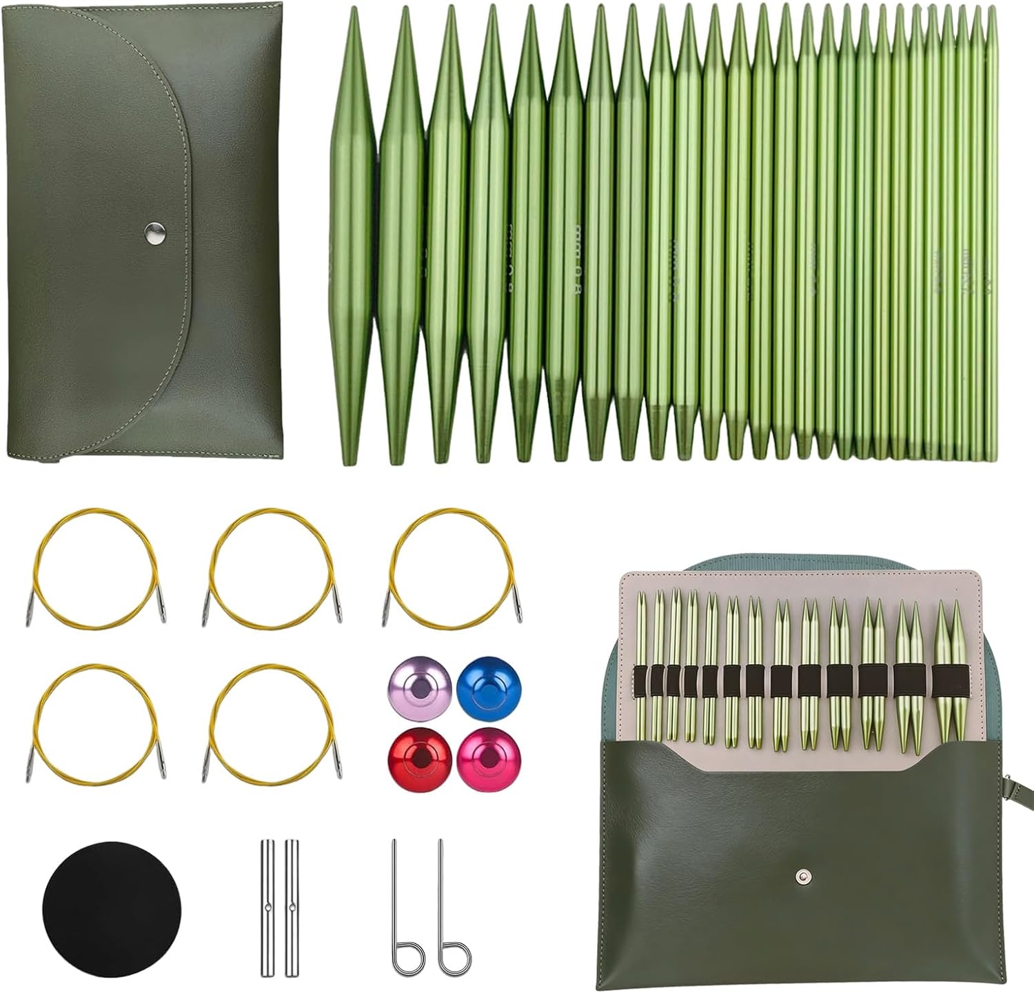 4-inch Knitting Needles Set, 13 Pairs Interchangeable Circular Knitting Needles Set Aluminum 3-10mm with 5 Cables, Knitting Accessories and Case, Green