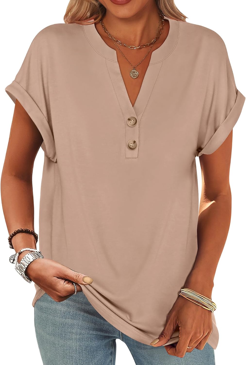 ANRABESS Womens Short Sleeve Henley Tops V Neck Dressy Casual Loose Fit Shirts Summer Flowy Blouses 2025 Trendy Clothes