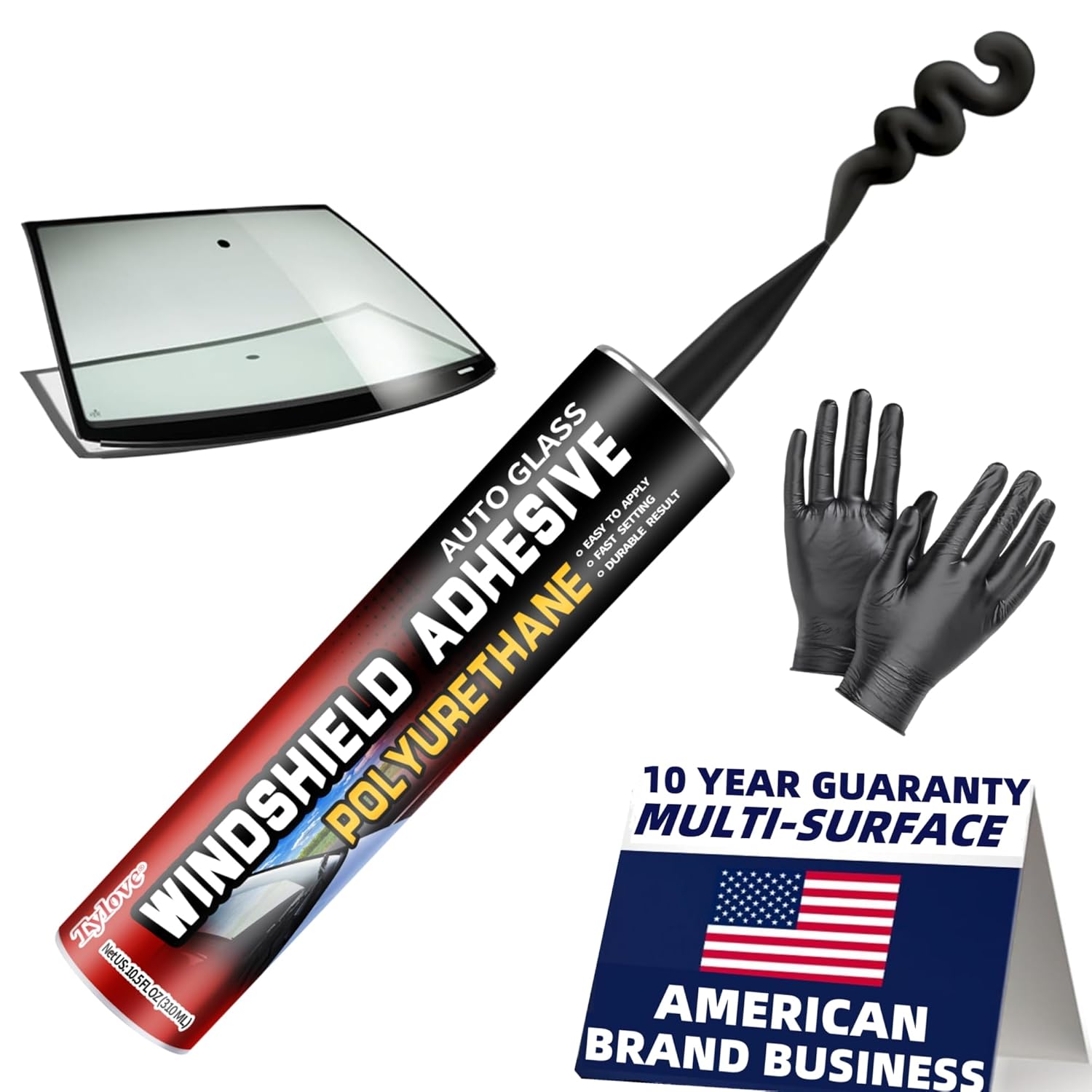Windshield Urethane Adhesive - Quick Curing & Weather Resistant and Professional Strength Auto Glass Glue for Vertical & Overhead Application, Windshield Repair Kit with Gloves,10.5Oz Black (1-Pack)
