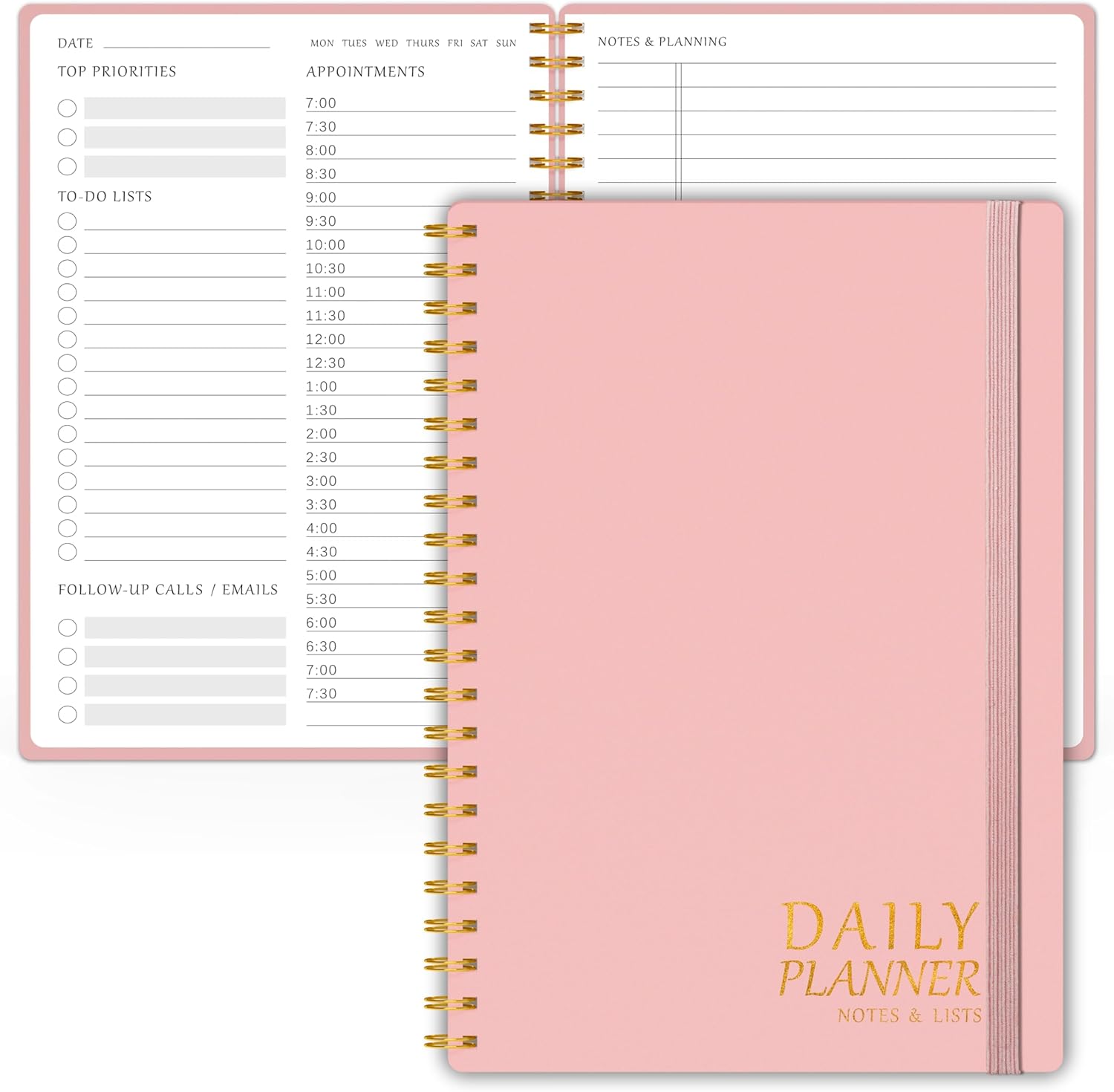 Daily Planner with Hourly Schedules - Undated To-Do List Notebook, Spiral Bound, 5.5" x 8.5", Manage Tasks & Appointments, Perfect Office Supplies for Women - Pink