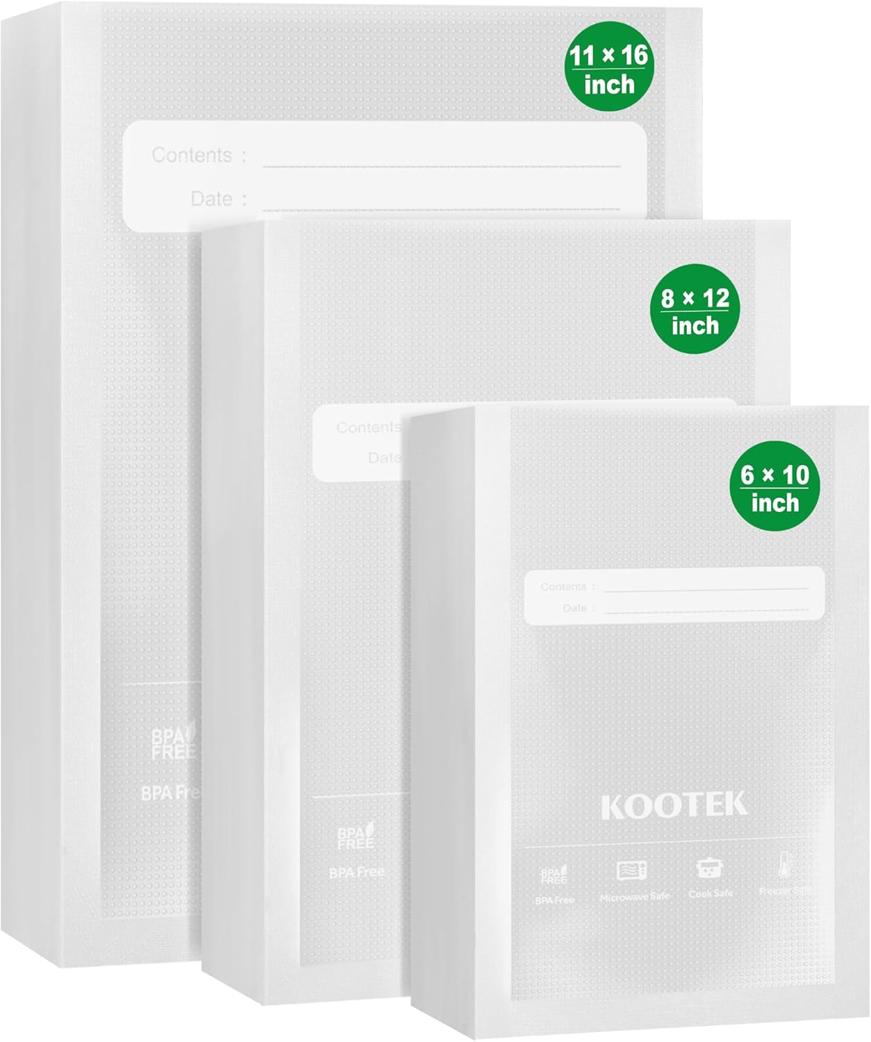 Kootek Vacuum Sealer Bags, 150 Gallon 11" x 16", Quart 8" x 12" and Pint 6" x 10" Vacuum Seal Bags for Food, Commercial Heavy Duty, BPA Free, Precut Food Vac Bag for Storage, Meal Prep or Sous Vide