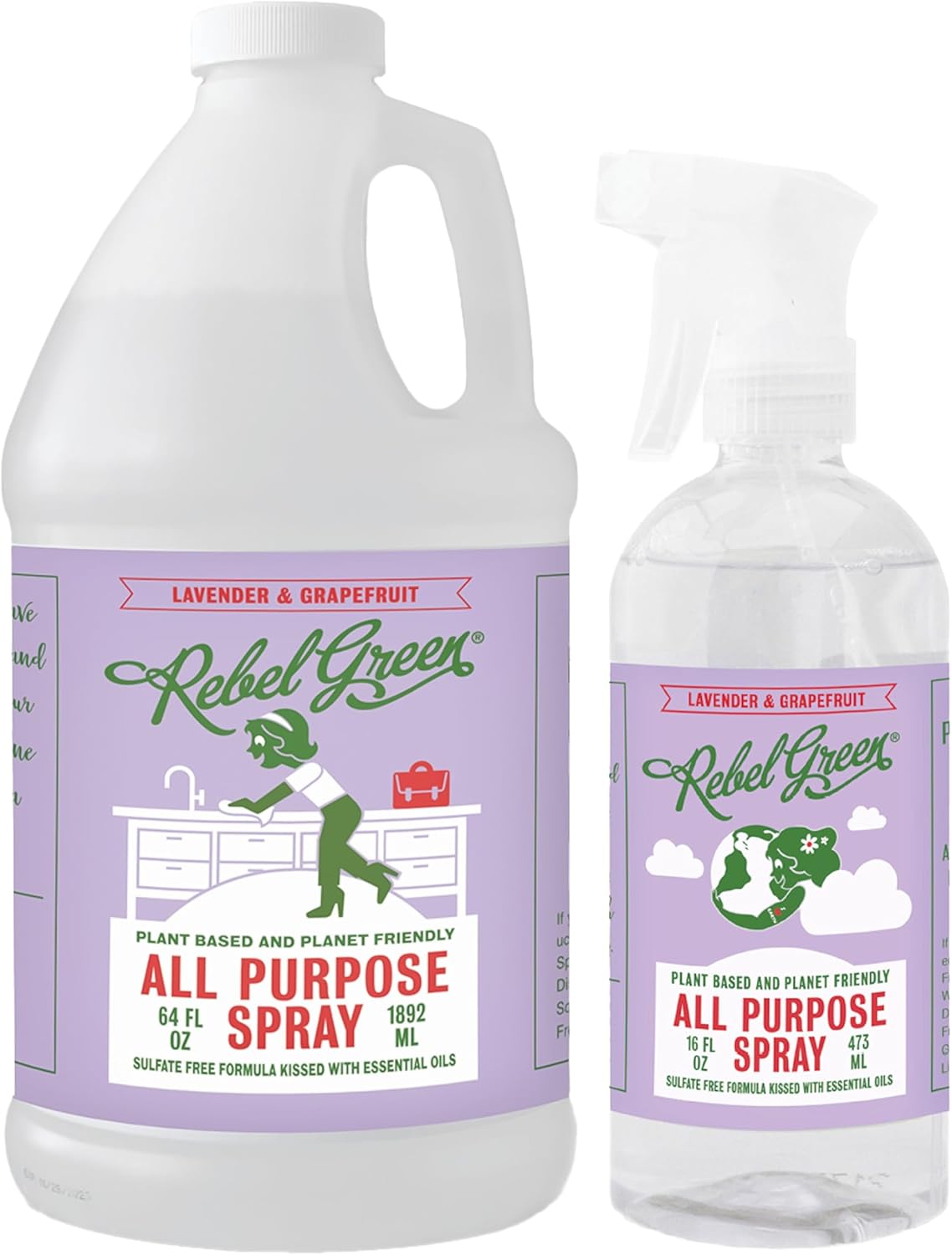 Rebel Green Natural All Purpose Cleaning Spray | Multi purpose Cleaner for Home & Kitchen | Eco-Chic Multi Surface Cleaner with Essential Oils (Lavender & Grapefruit, 16.00 Fl Oz & 64.00 Fl Oz Refill)