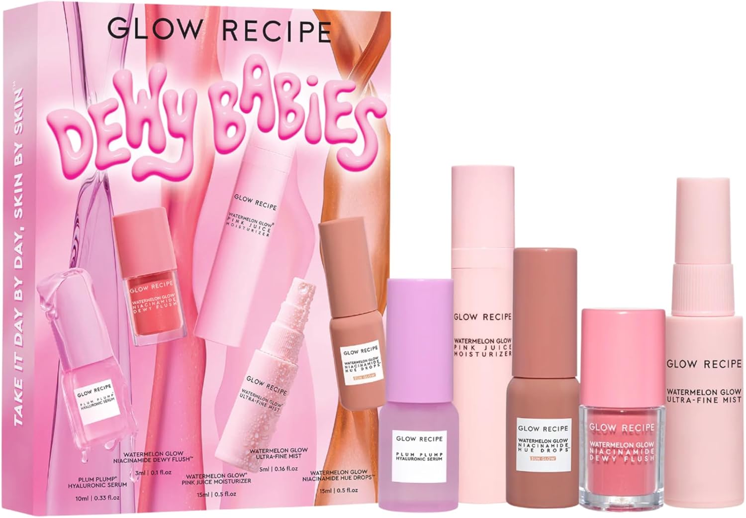 Glow Recipe Dewy Babies Travel Skincare Set - Plum Plump Hyaluronic Acid Serum + Dewy Flush Tinted Blush Drops + Pink Juice Face Moisturizer + Bronzing Hue Drops + Ultra Fine Facial Mist (5 Count)