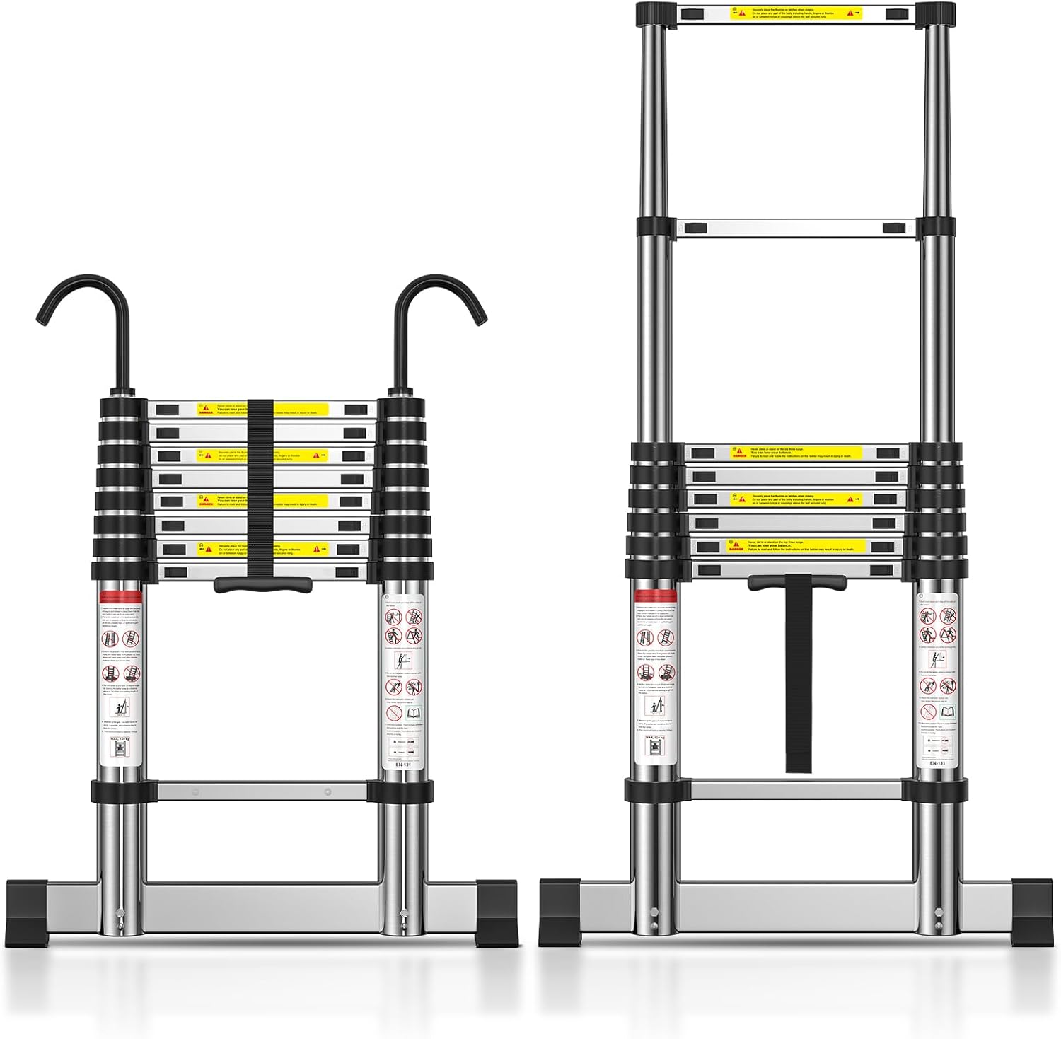 TECKNET Telescopic Ladder 2.6M/8.5FT, Max Load 150kg/330lbs, Aluminium Extension Ladder with Stabilizer Bar & Detachable Hooks, Multi-Purpose Ladder for Home & Outdoor Work Loft Roof Attic RV, EN131