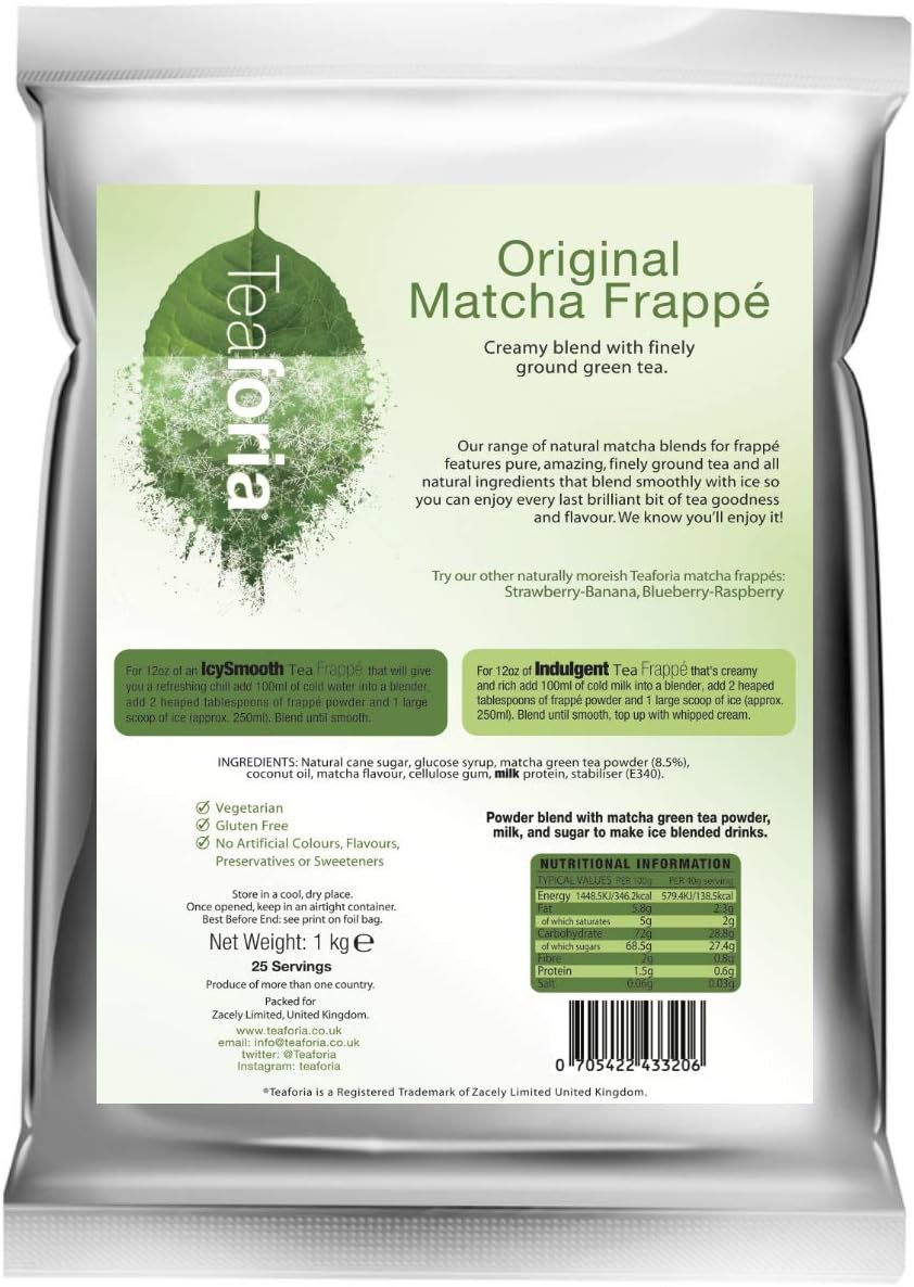 Teaforia Matcha Frappe: Original Matcha Flavour (1kg) Matcha Green Tea Powder with Dehydrated Milk and a Touch of Vanilla. Make The Perfect Iced Matcha Frappe at Home with Ease!