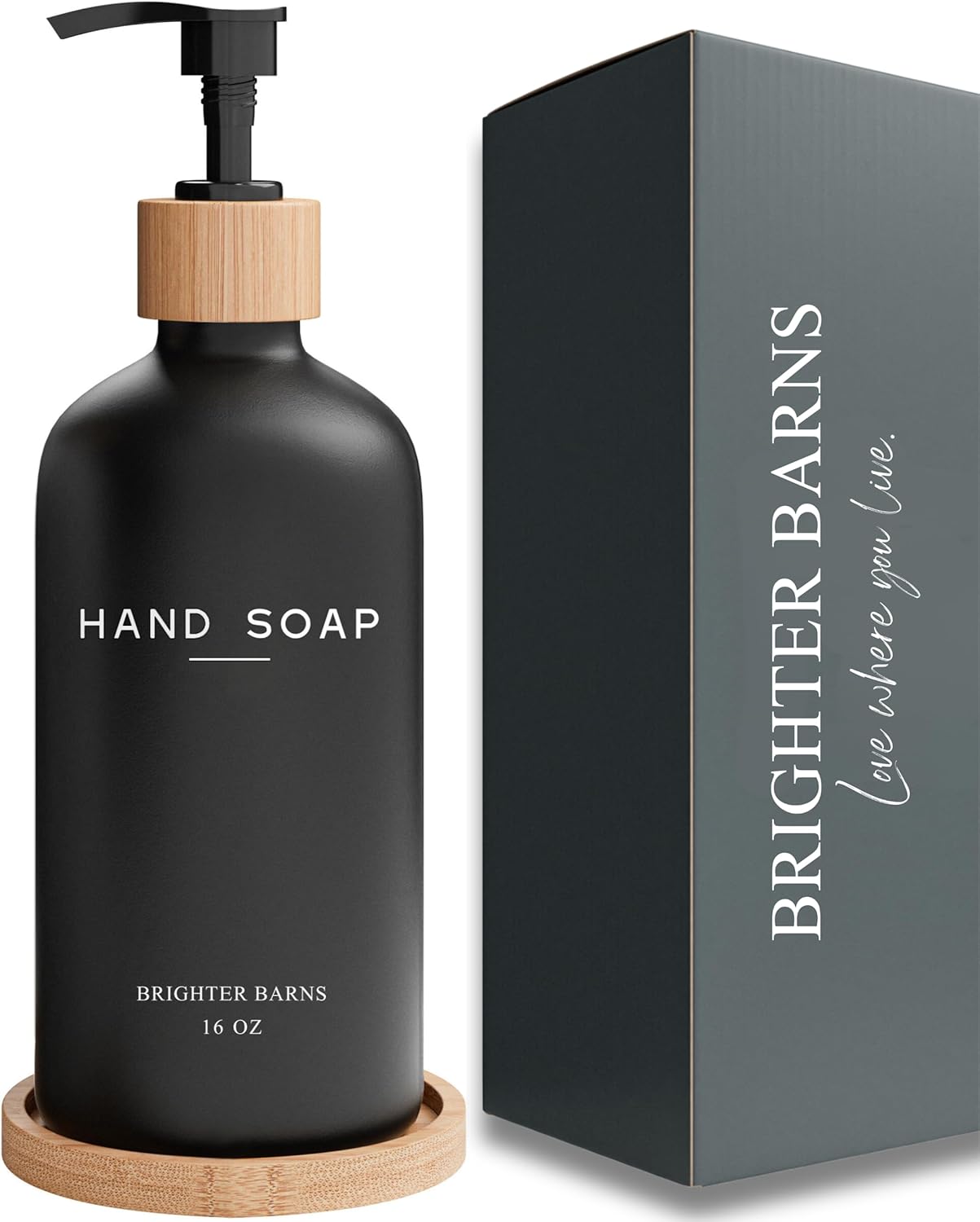 Black Glass Hand Soap Dispenser Bathroom Set by Brighter Barns - Bathroom Soap Dispenser Set with Tray - Black Soap Dispenser - Black Bathroom Accessories for Vacation Rental, Restaurant, Spa (Black)